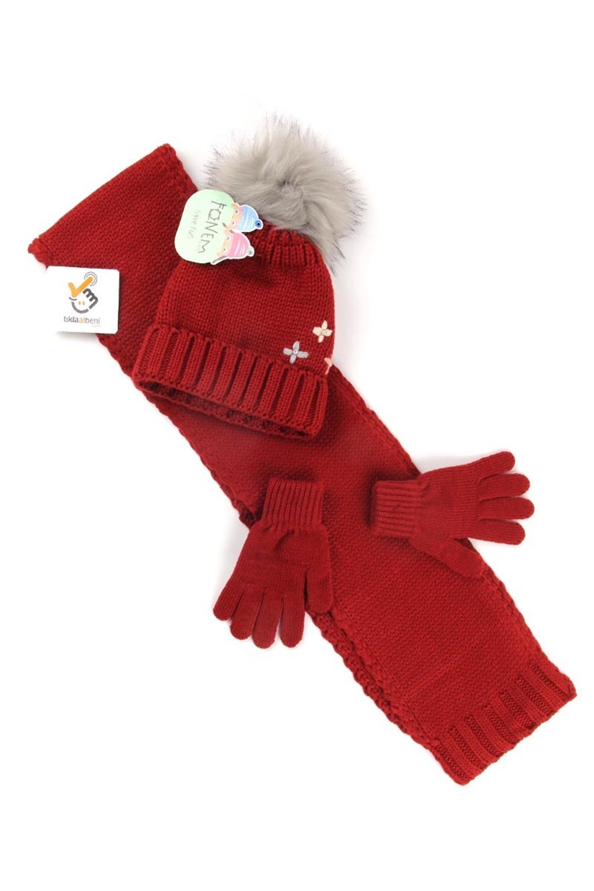 Helena Kız Çocuk Atkı Bere Eldiven Takımı, Kırmızı 4 / 7 Yaş