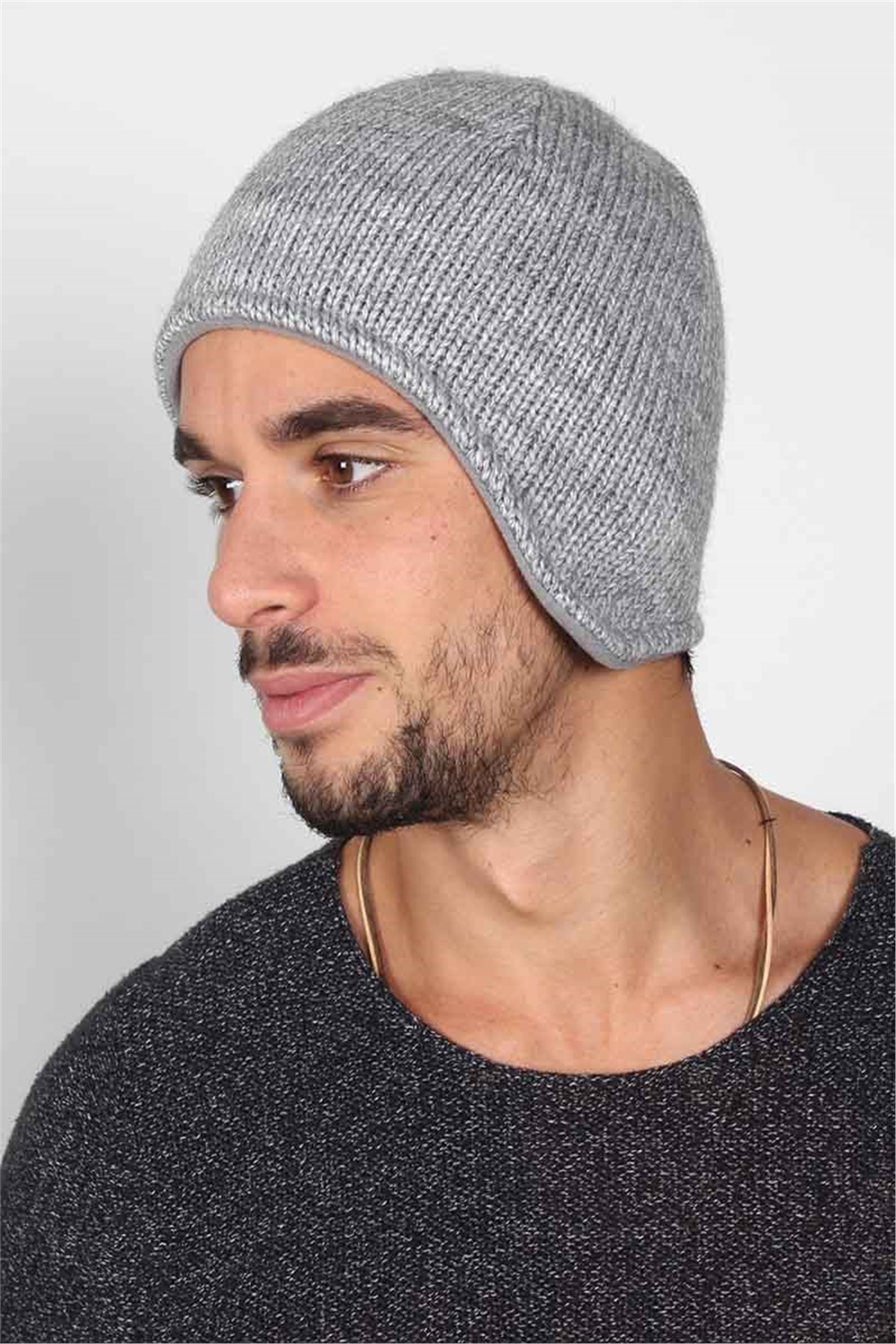 İçi Polarlı Erkek Kulaklı Bere FEB12107 Gri