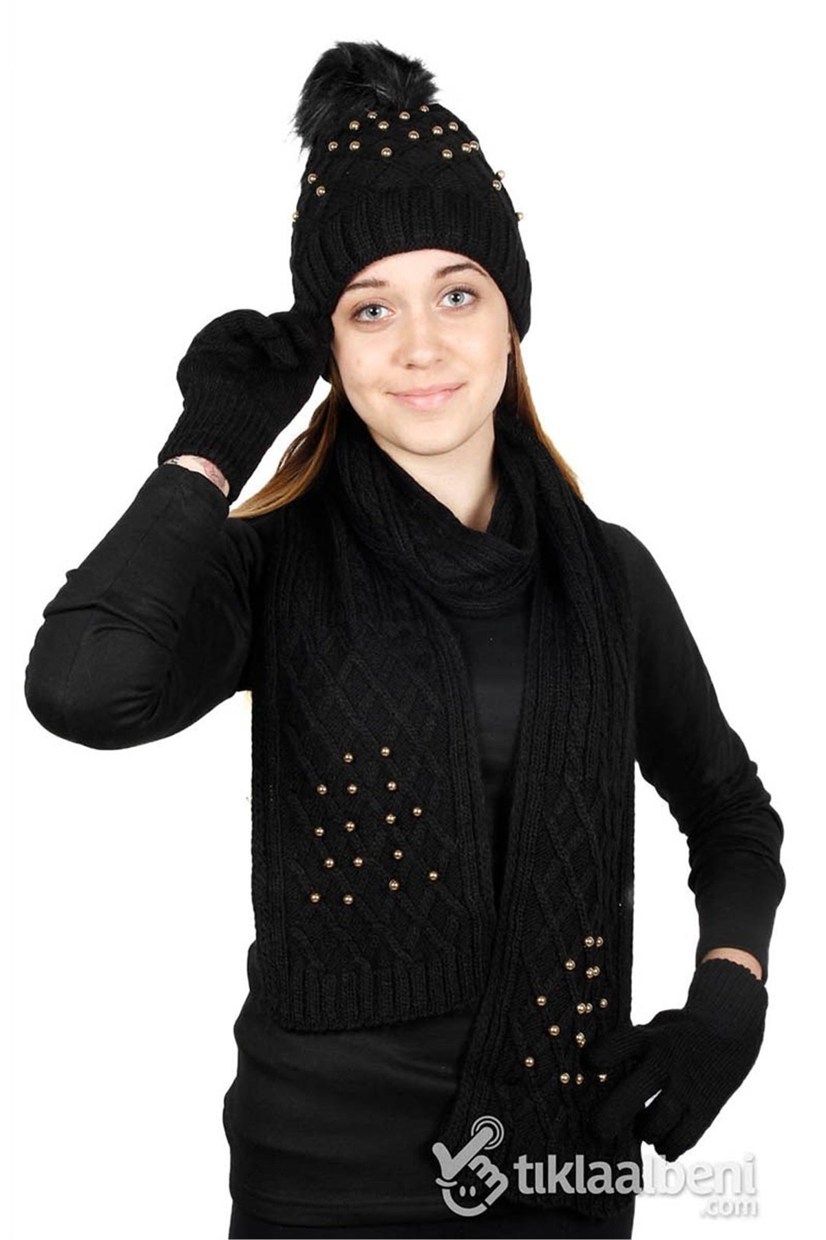 İnci Atkı Bere Eldiven Seti SV-507 Siyah