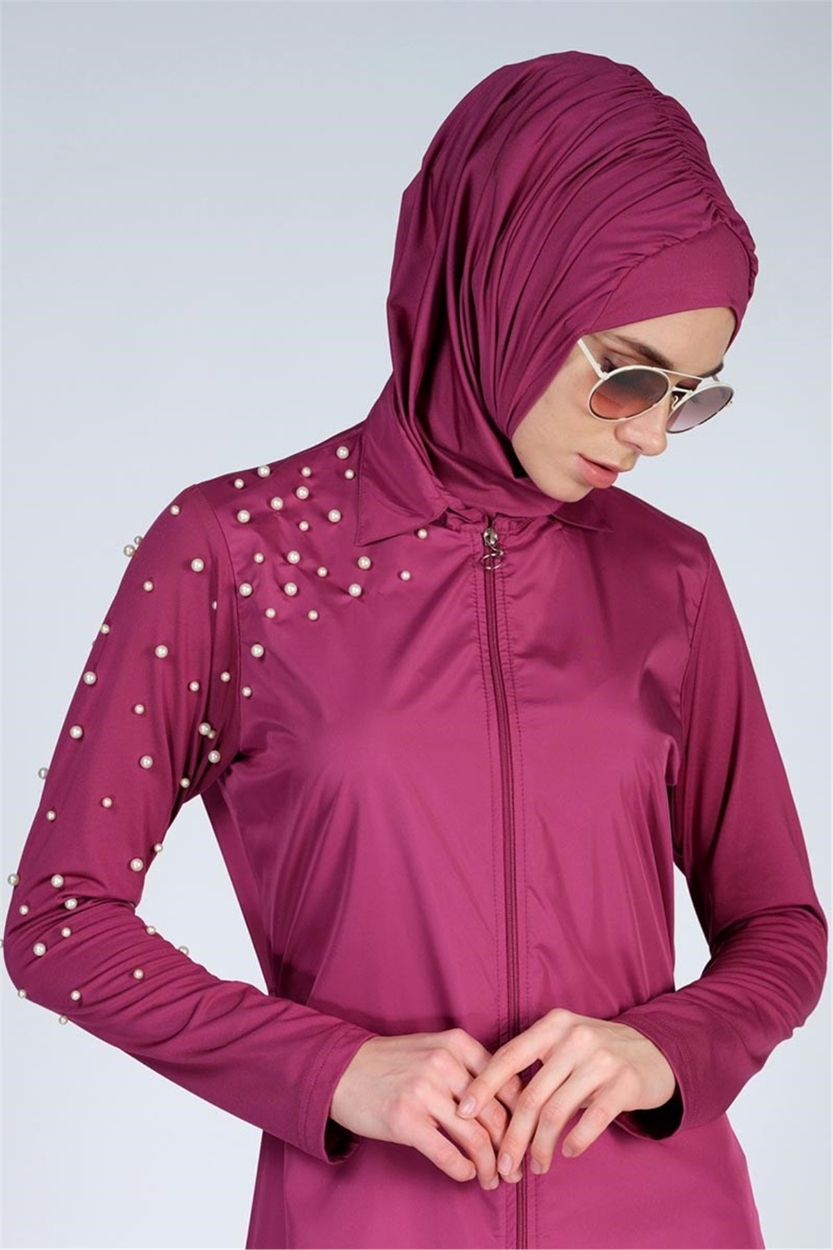 İncili Uzun Tam Tesettür Mayo ALS3861 Mürdüm