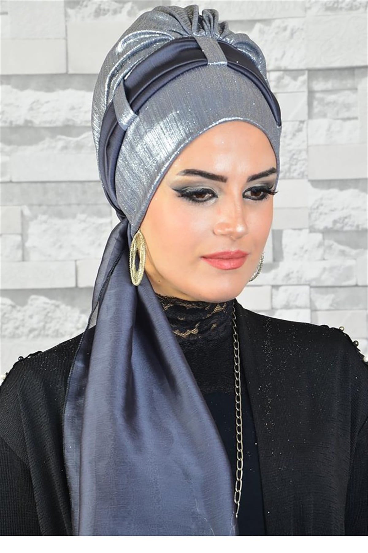 Işıltılı Antrasit Abiye Fularlı Bone bna035
