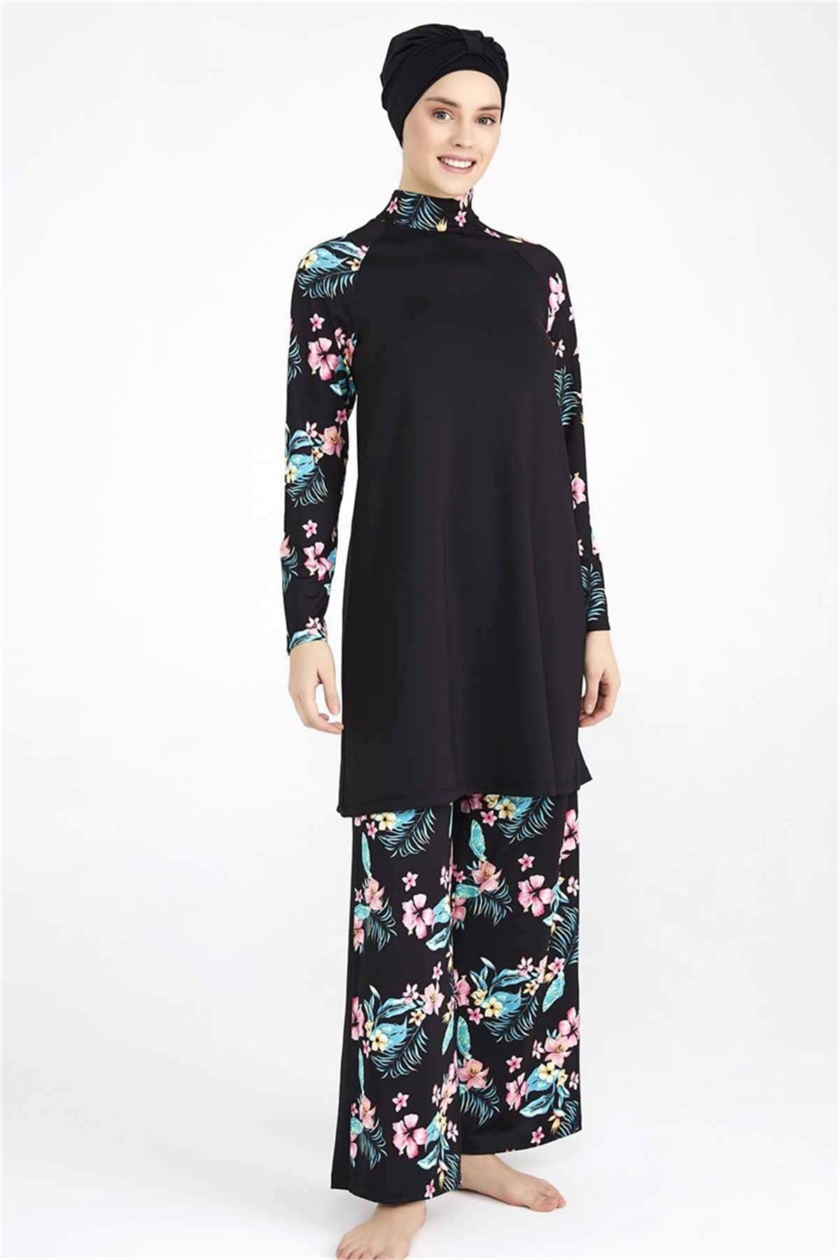 İspanyol Paça Çiçek Desenli Tesettür Mayo T0817