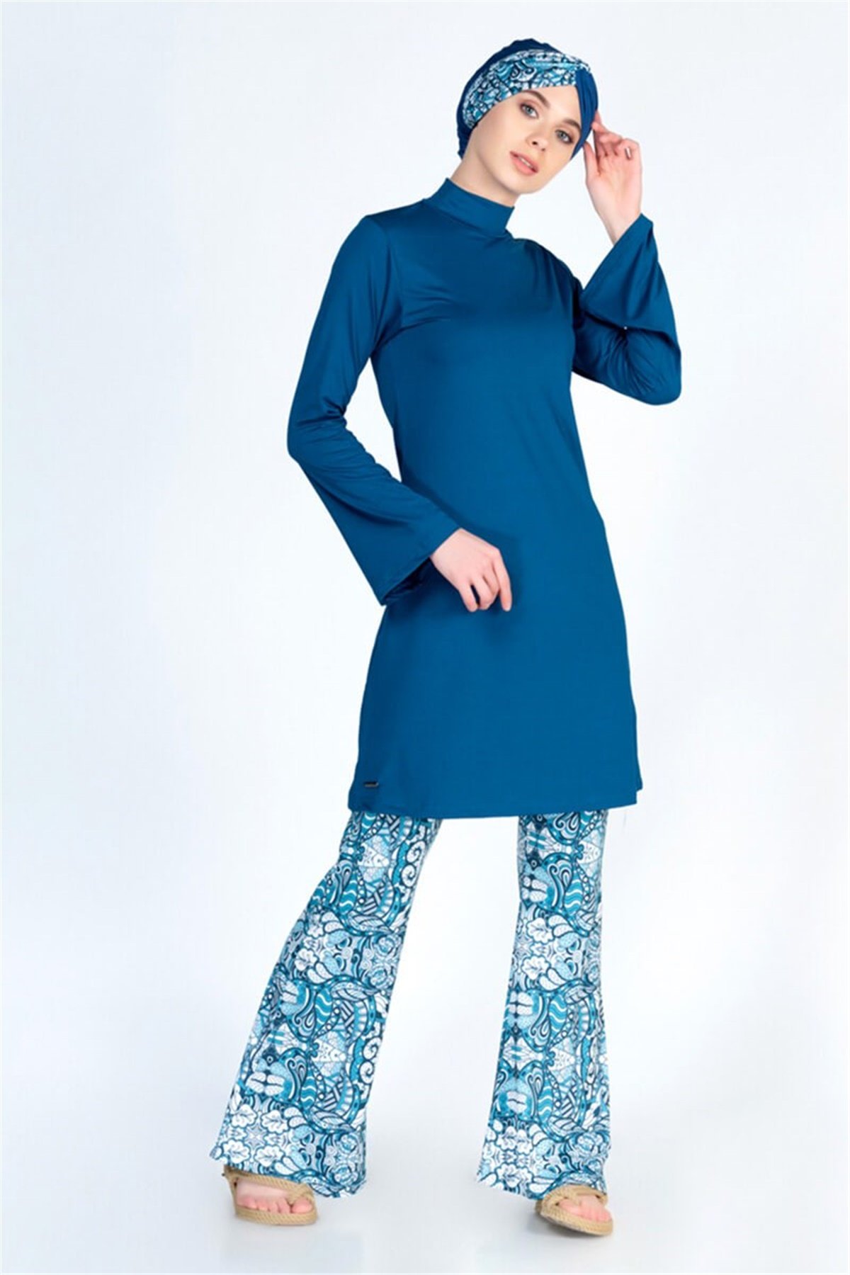 İspanyol Paça Likralı Tasarım Tesettür Mayo ALS3441 Petrol Mavi