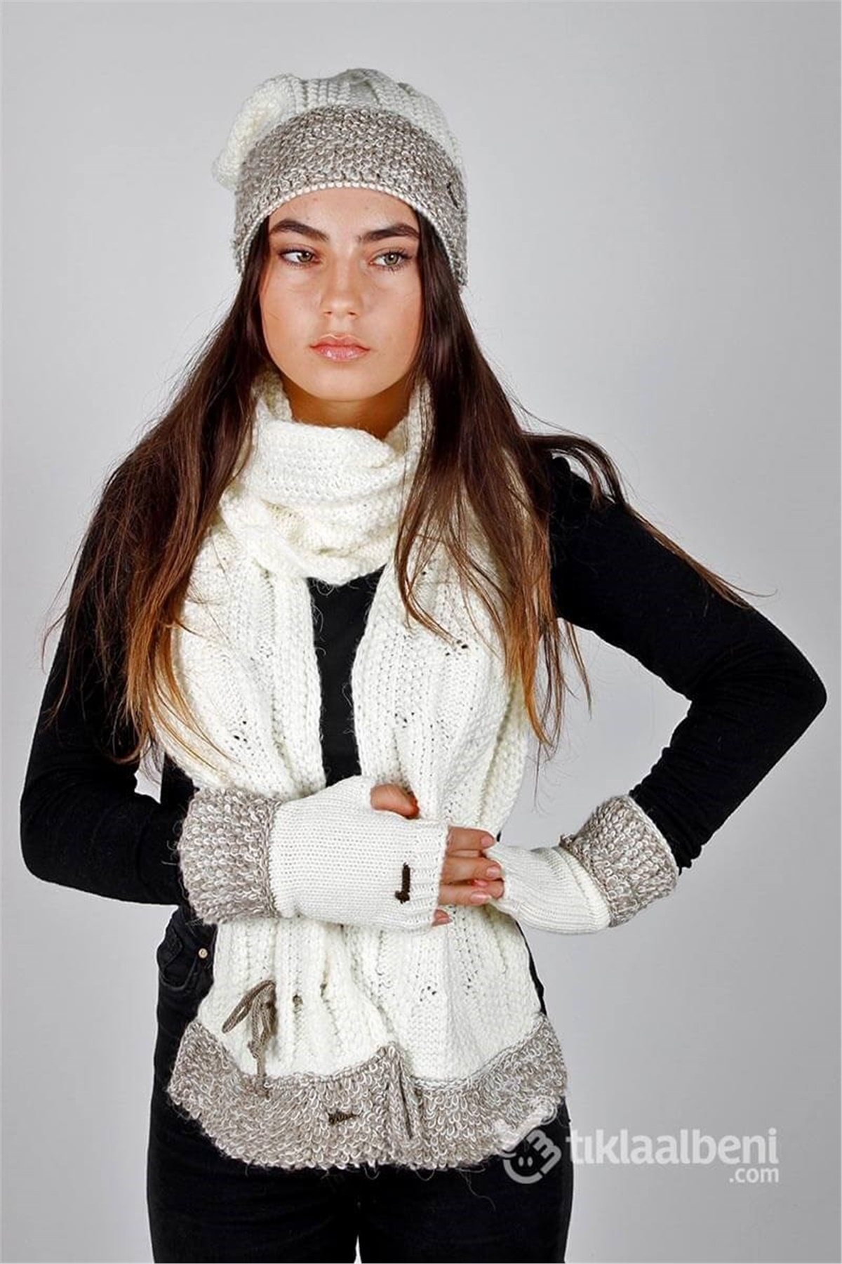 İstanbul 607 Üçlü Bayan Atkı Seti Ekru