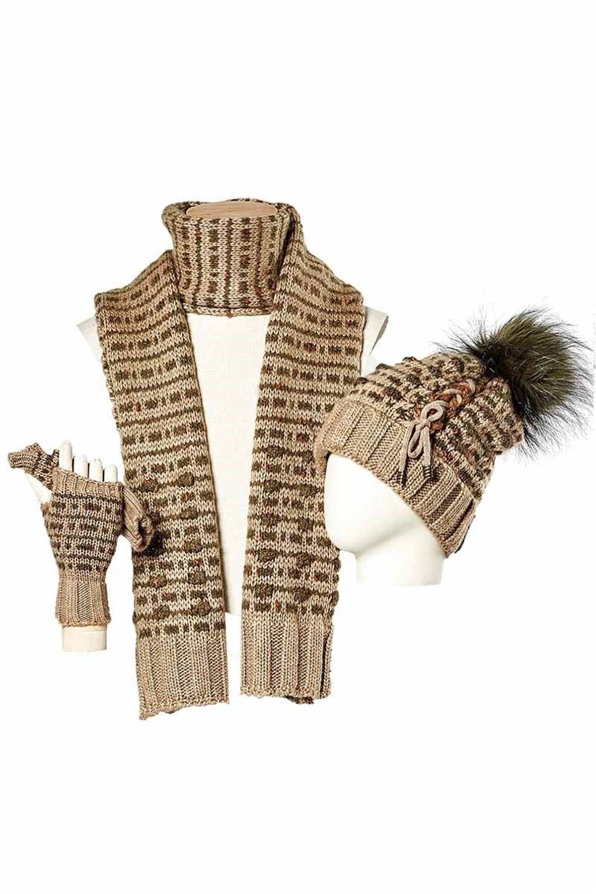 Kadın Atkı Bere Eldiven Seti 13068 -  Bej