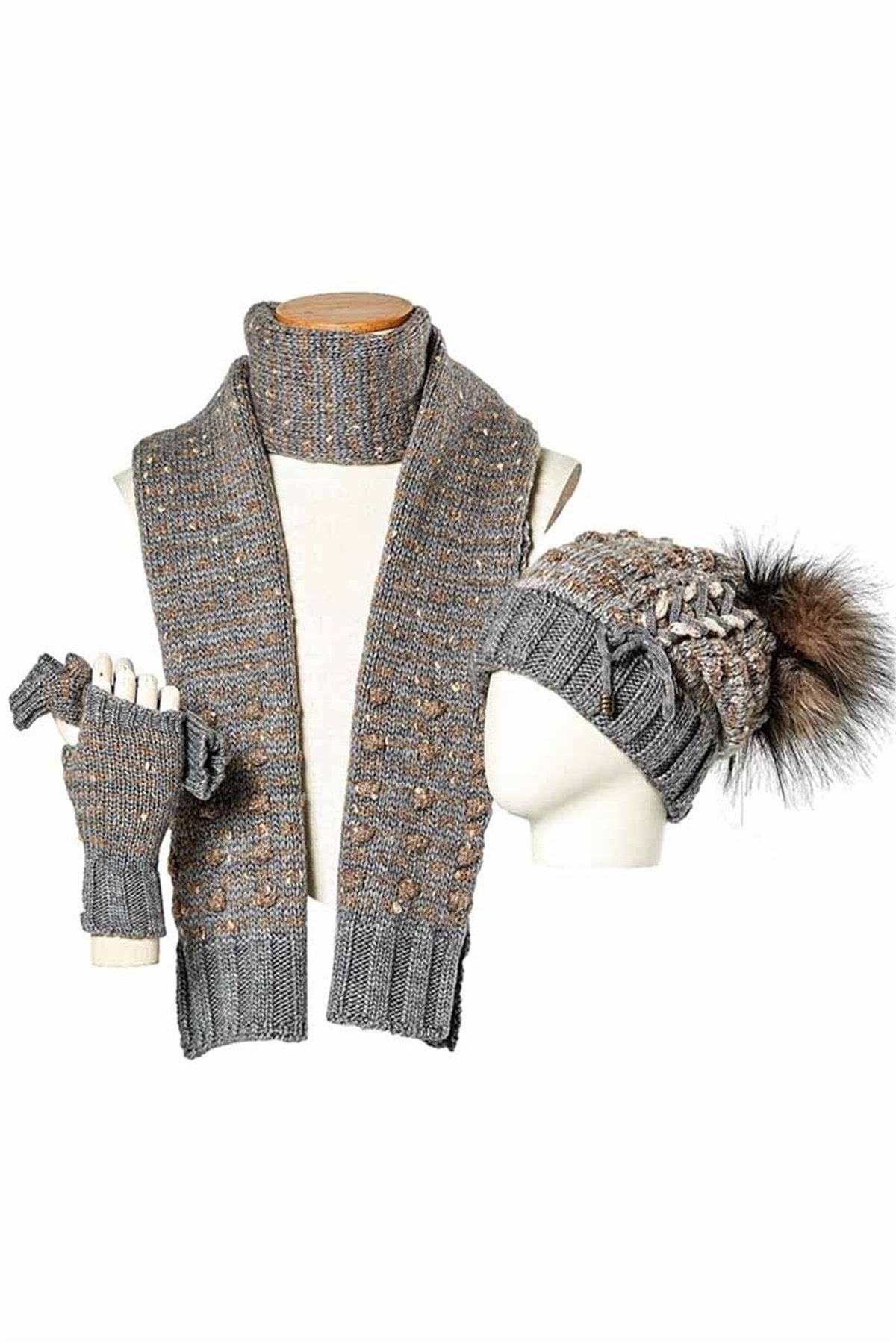 Kadın Atkı Bere Eldiven Takımı 13068 - Gri