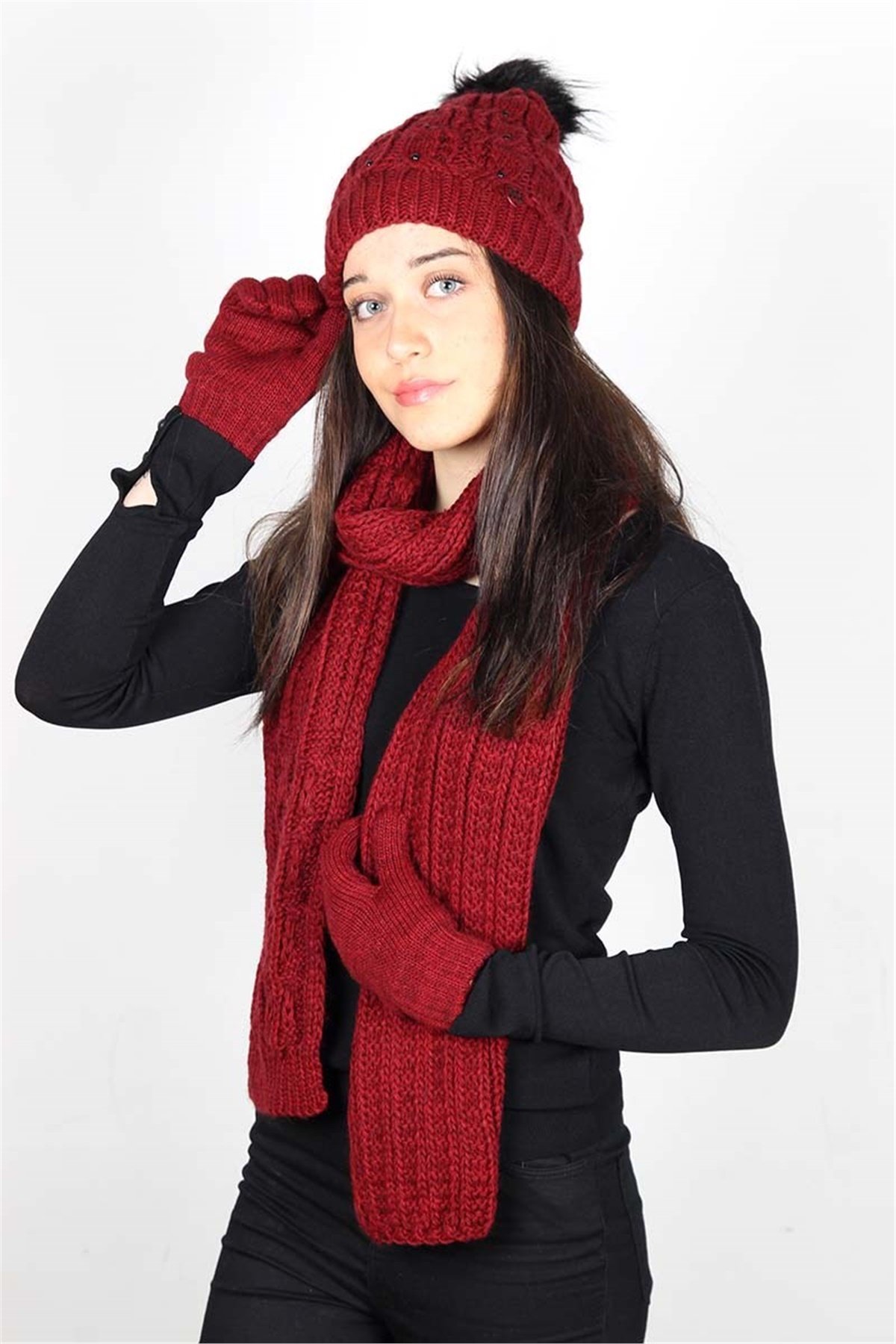 Kadın Atkı Bere Eldiven Takımı Taş Detaylı - Kırmızı