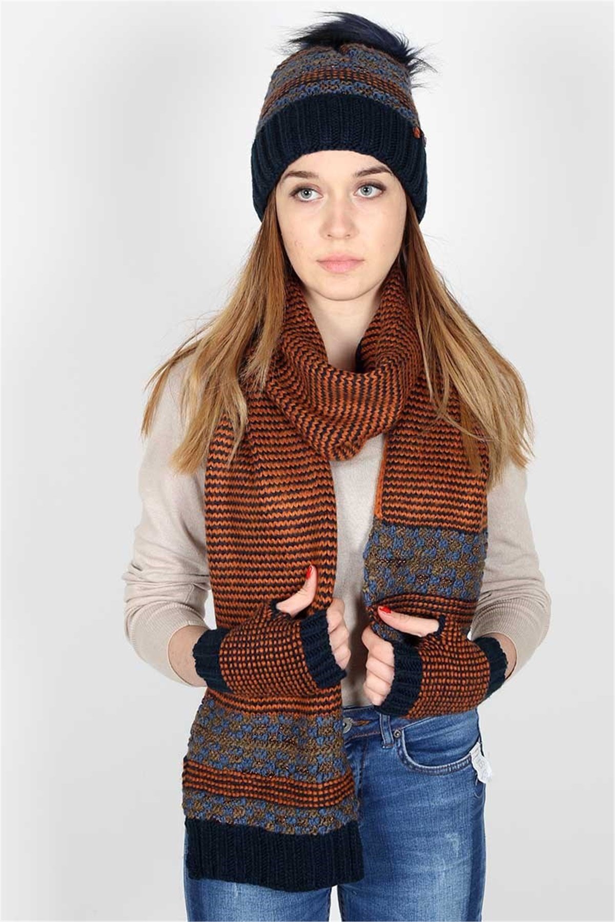 Kadın Lacivert Atkı Bere Eldiven Takımı 3074 - Yakamoz