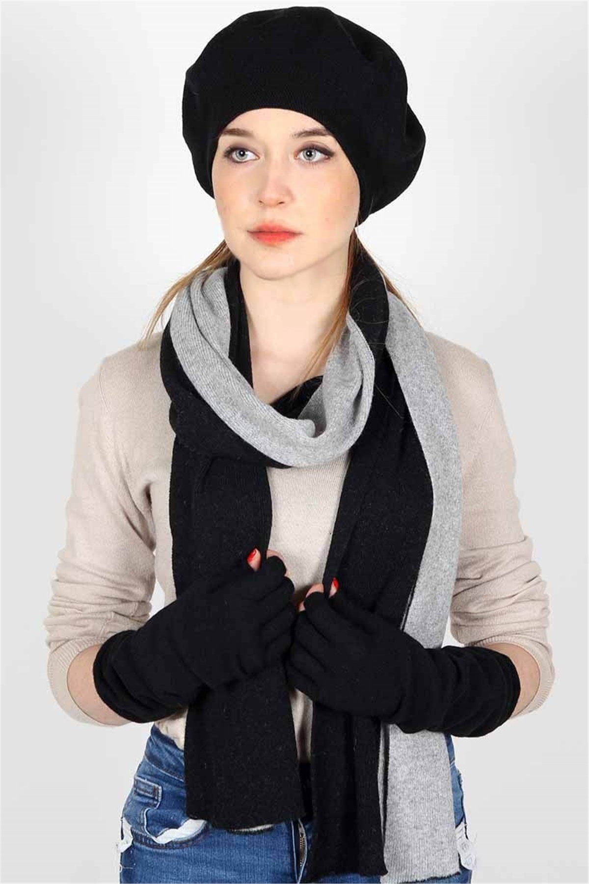 Kadın Yün Atkı Bere Eldiven Takımı Wallen -  Siyah