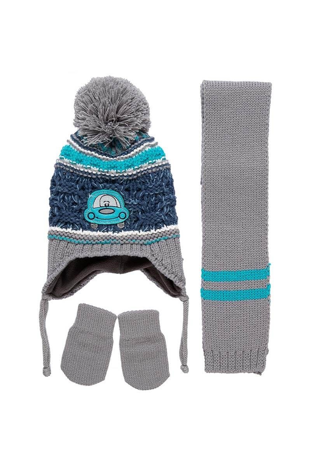 Kalea Örgü Model Erkek Bebek Atkı Bere Eldiven Takımı Gri  - K9909