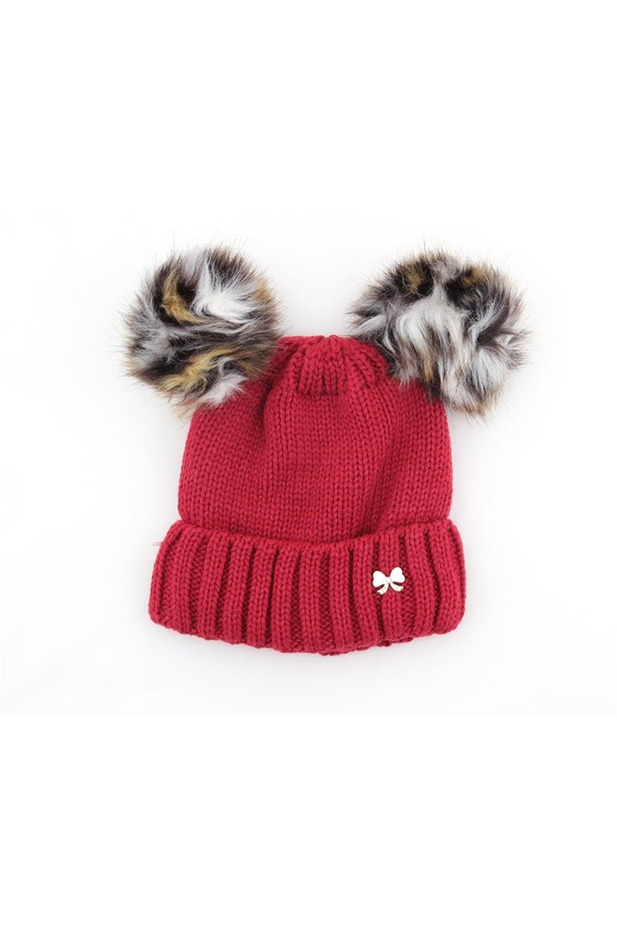 Kırmızı Kız Çocuk Çift Ponponlu Bere 4-12 Yaş