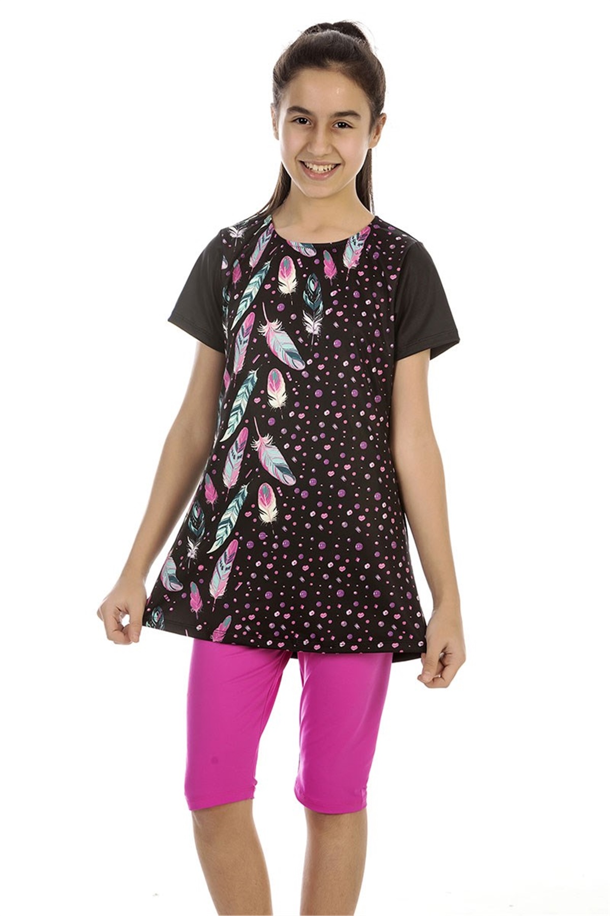 Kısa Kollu Kız Çocuk Yarı Kapalı Mayo A197 - Siyah 