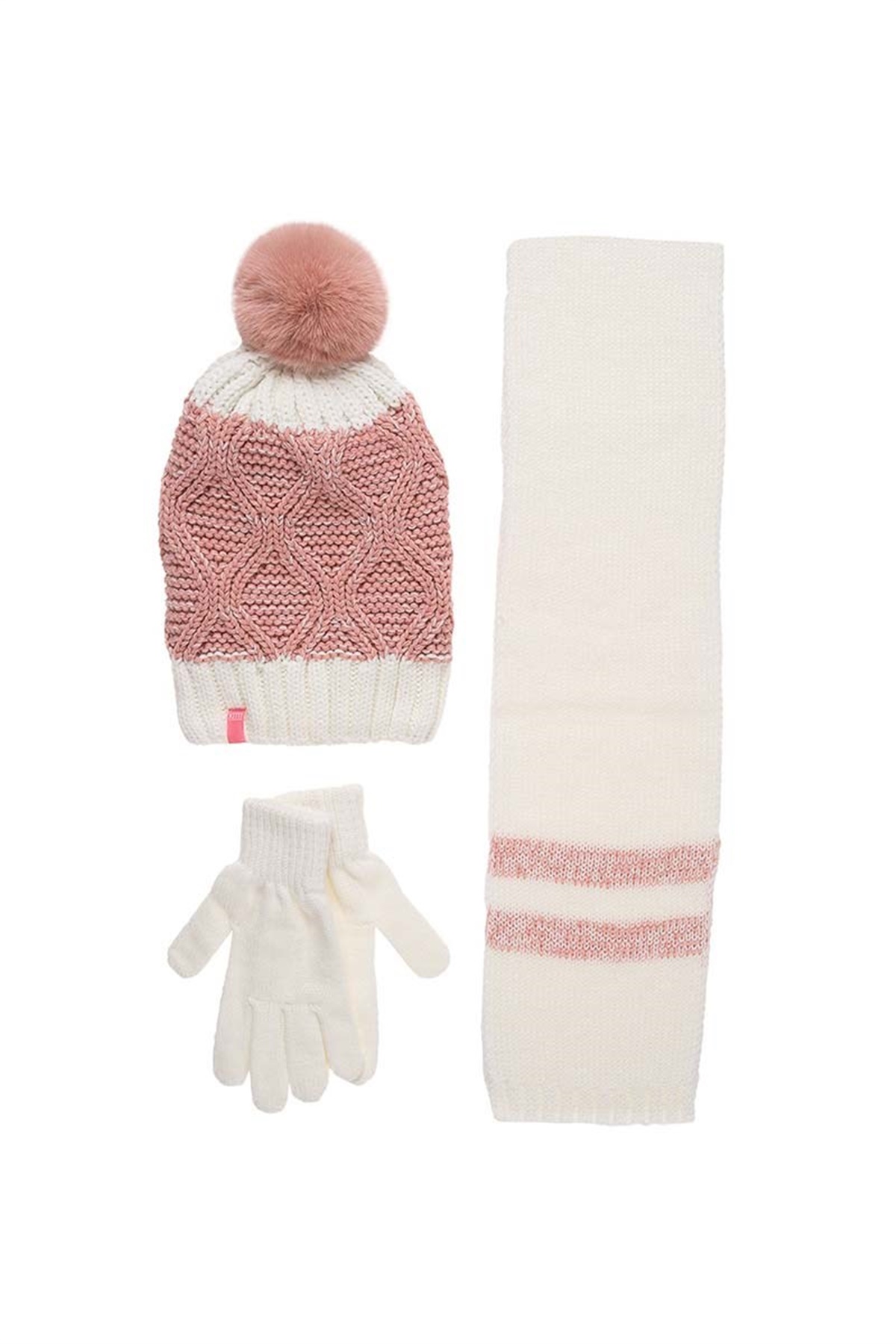 Kız Çocuk Atkı Bere Eldiven Takımı Beyaz - K9962