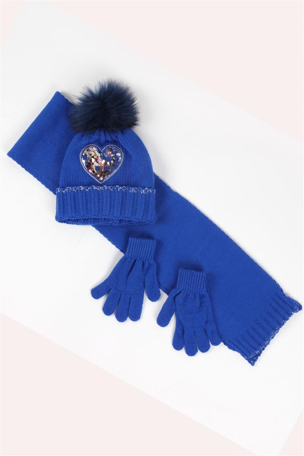 Kız Çocuk Atkı Bere Eldiven Takımı FK15117 Sax Mavi