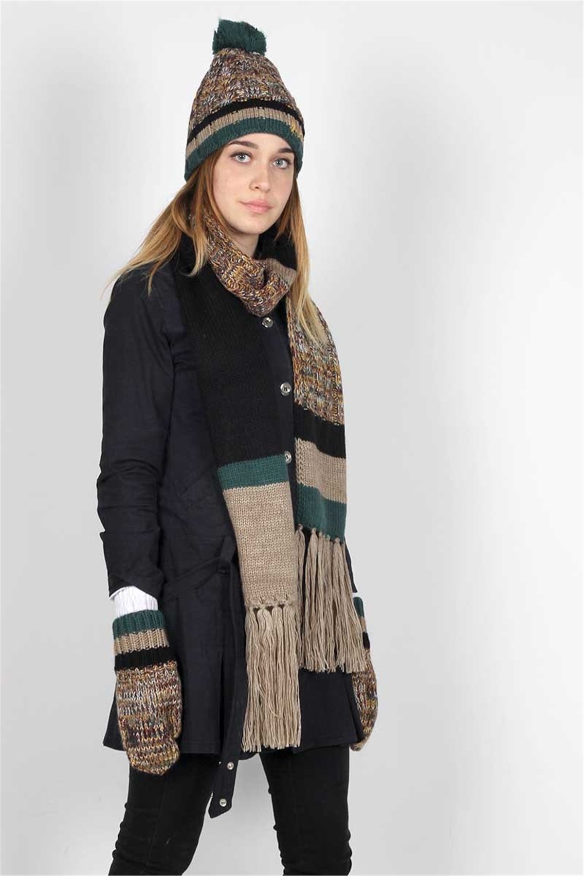 Kız Kulesi Bayan Atkı Bere Eldiven Takımı  3065 - Koyu Yeşil