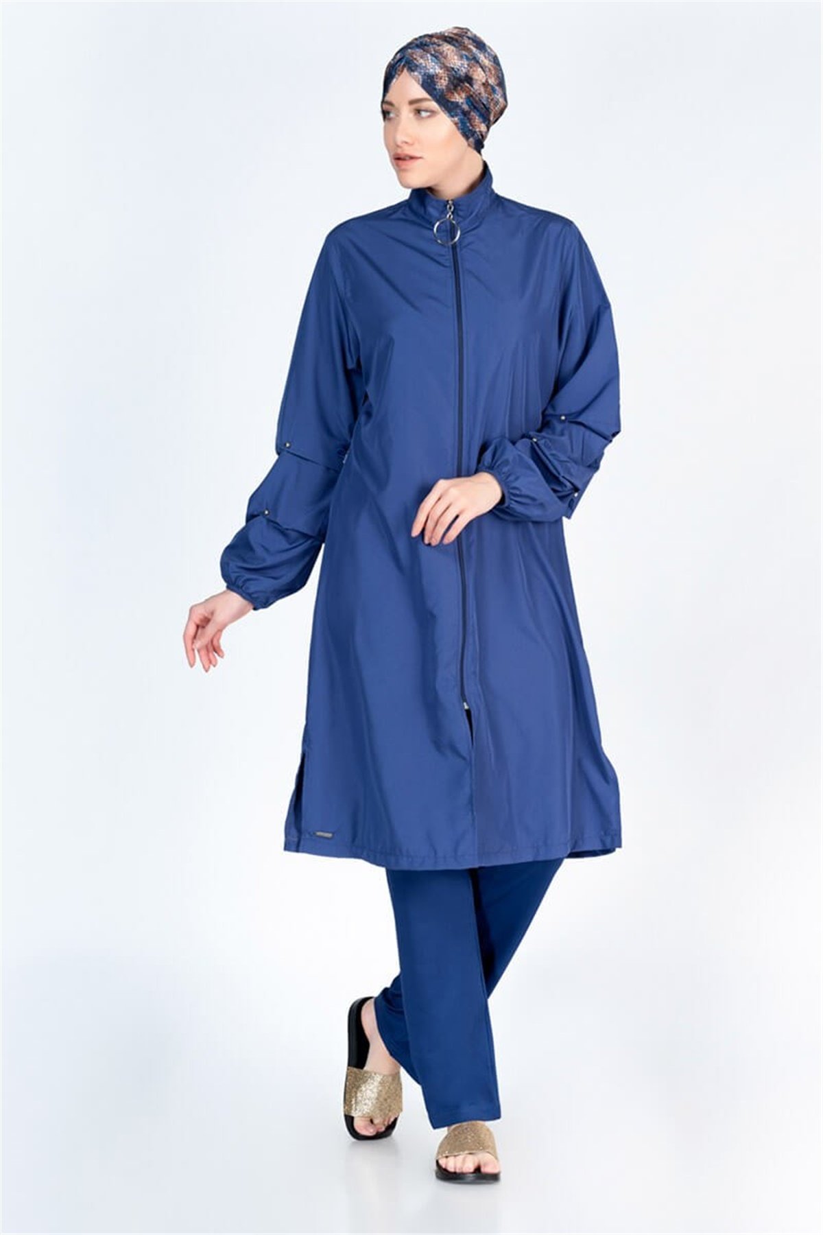 Büyük Beden Kol Detaylı Bol Tam Tesettür Mayo ALS372 Lacivert