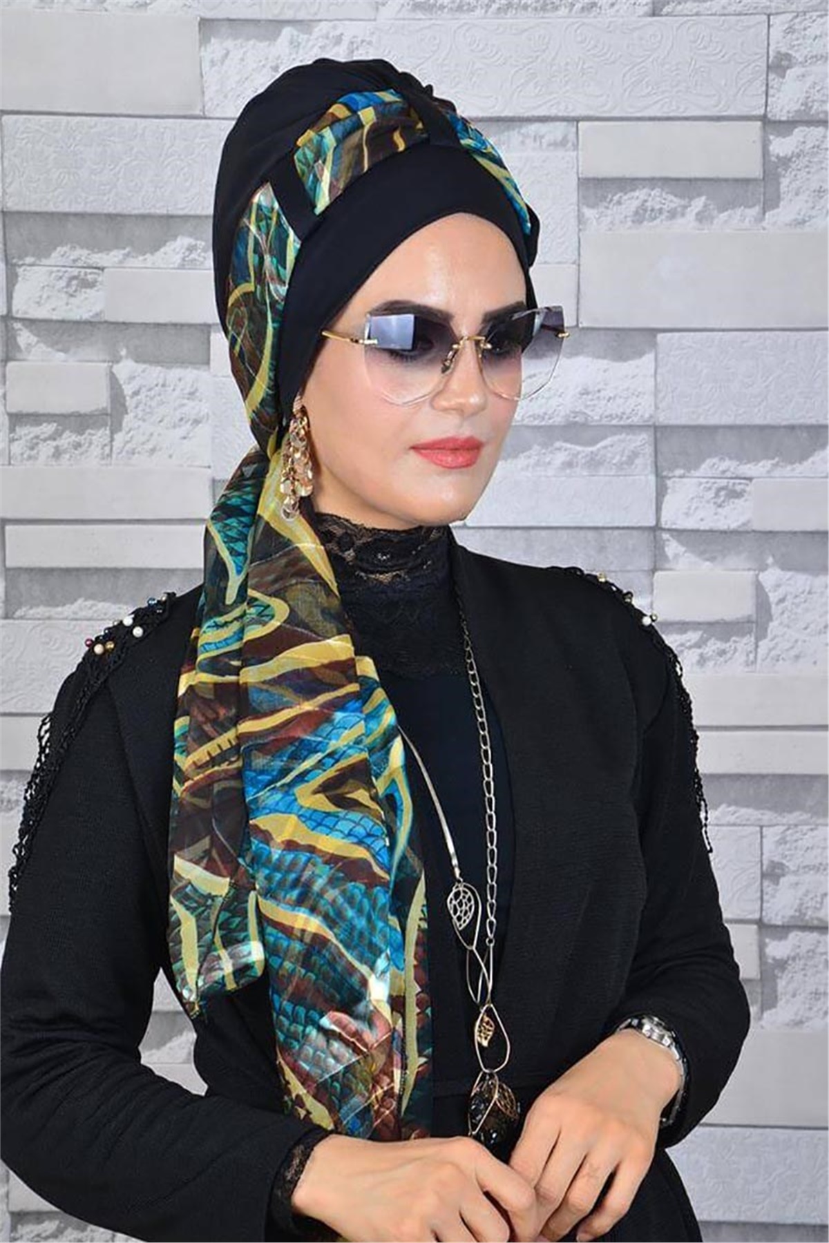 Kolaj Desenli Şal Bone Siyah t13704