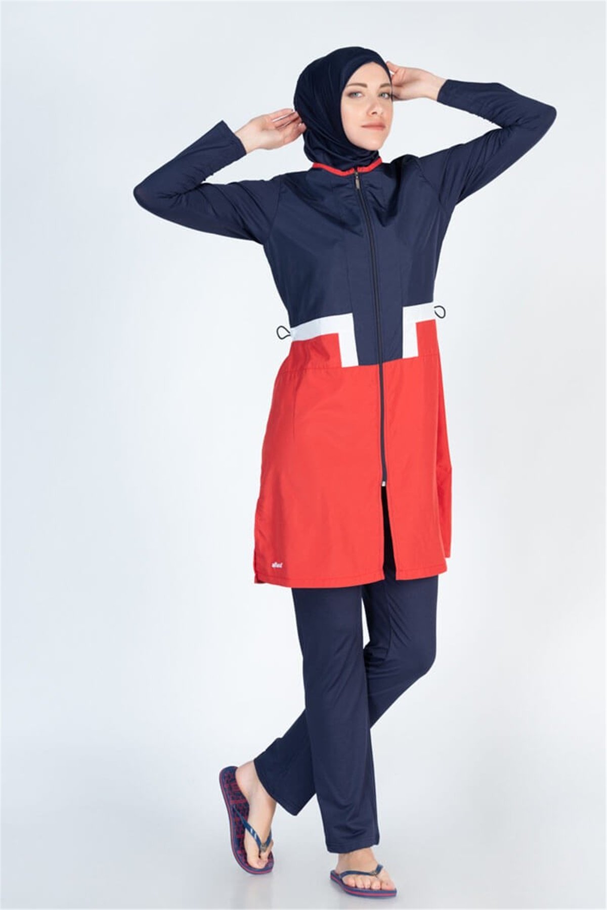 Kolu Likralı Fermuarlı Dokuma Tesettür Mayo ALS2951 Lacivert