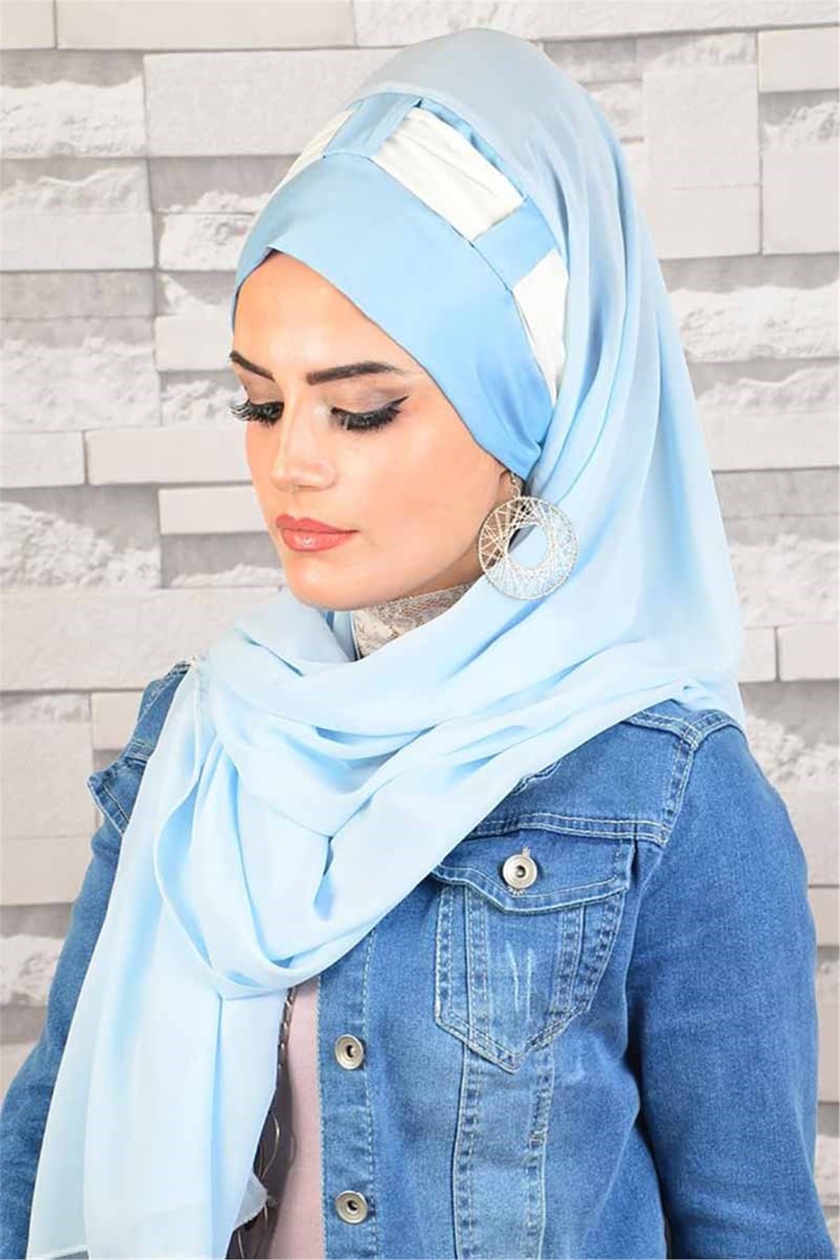 Krem Bebe Mavi Hazır Türban bnd8021