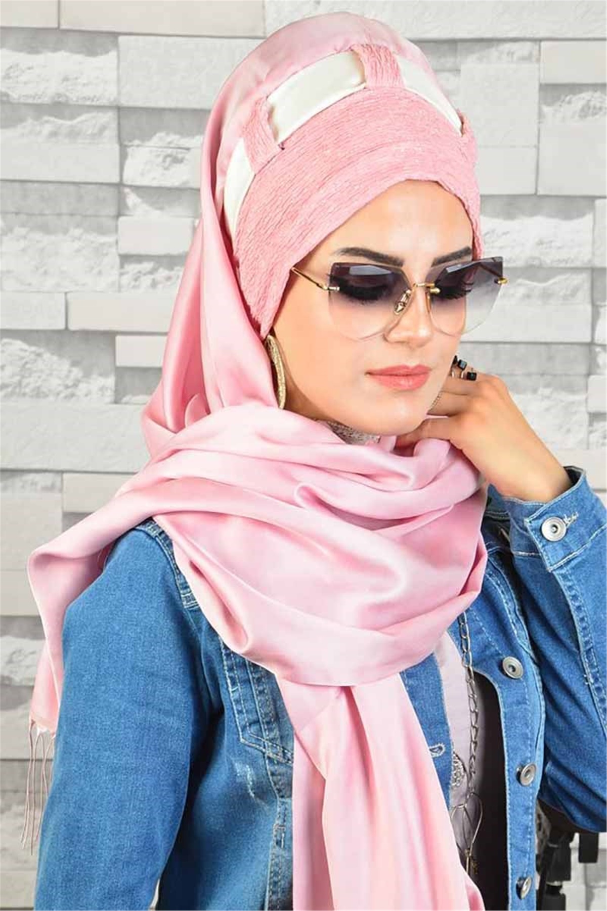 Krem Pudra Simli Hazır Türban bnd8024