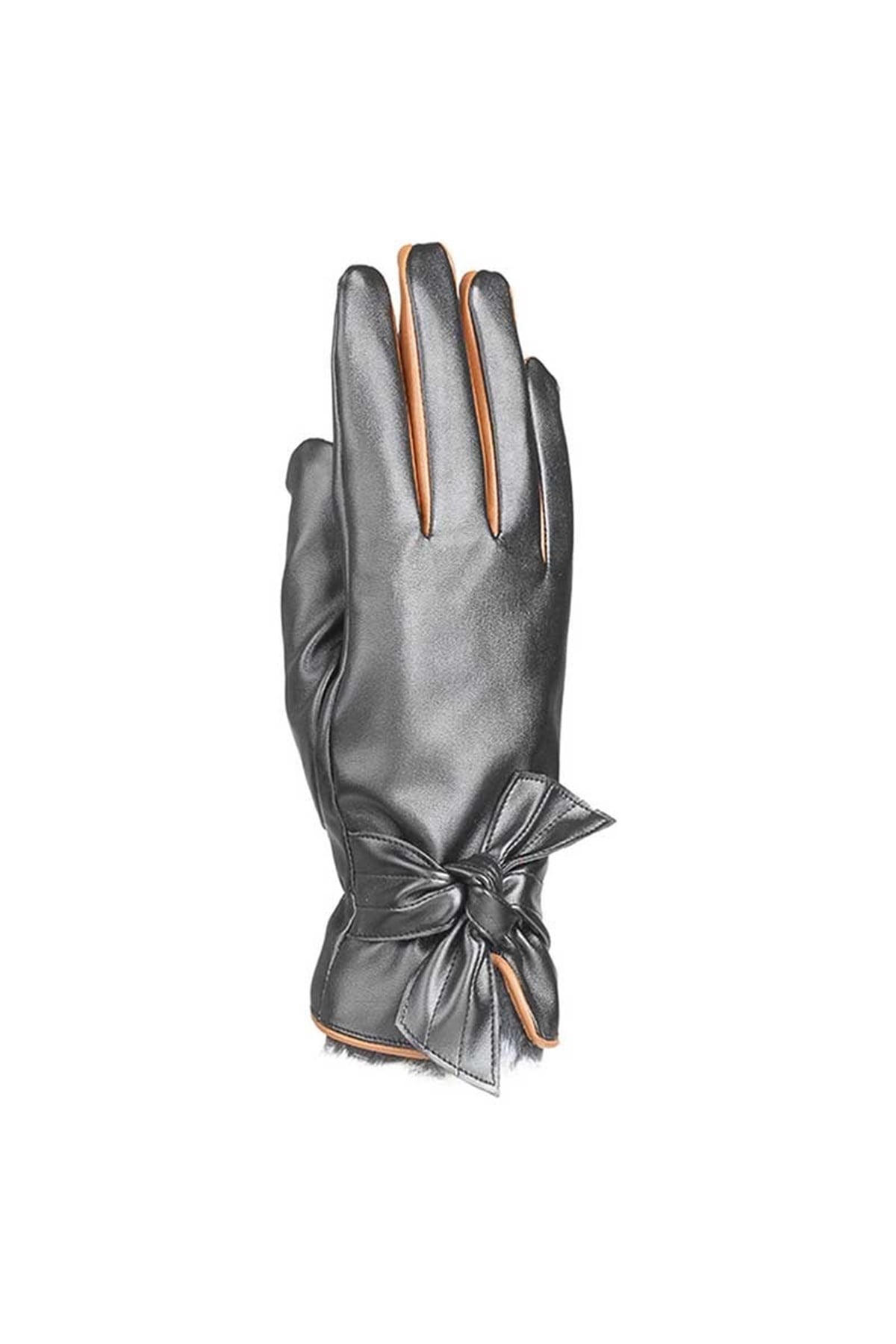 Kurdeleli Kadın Deri Eldiven 72251 - Siyah