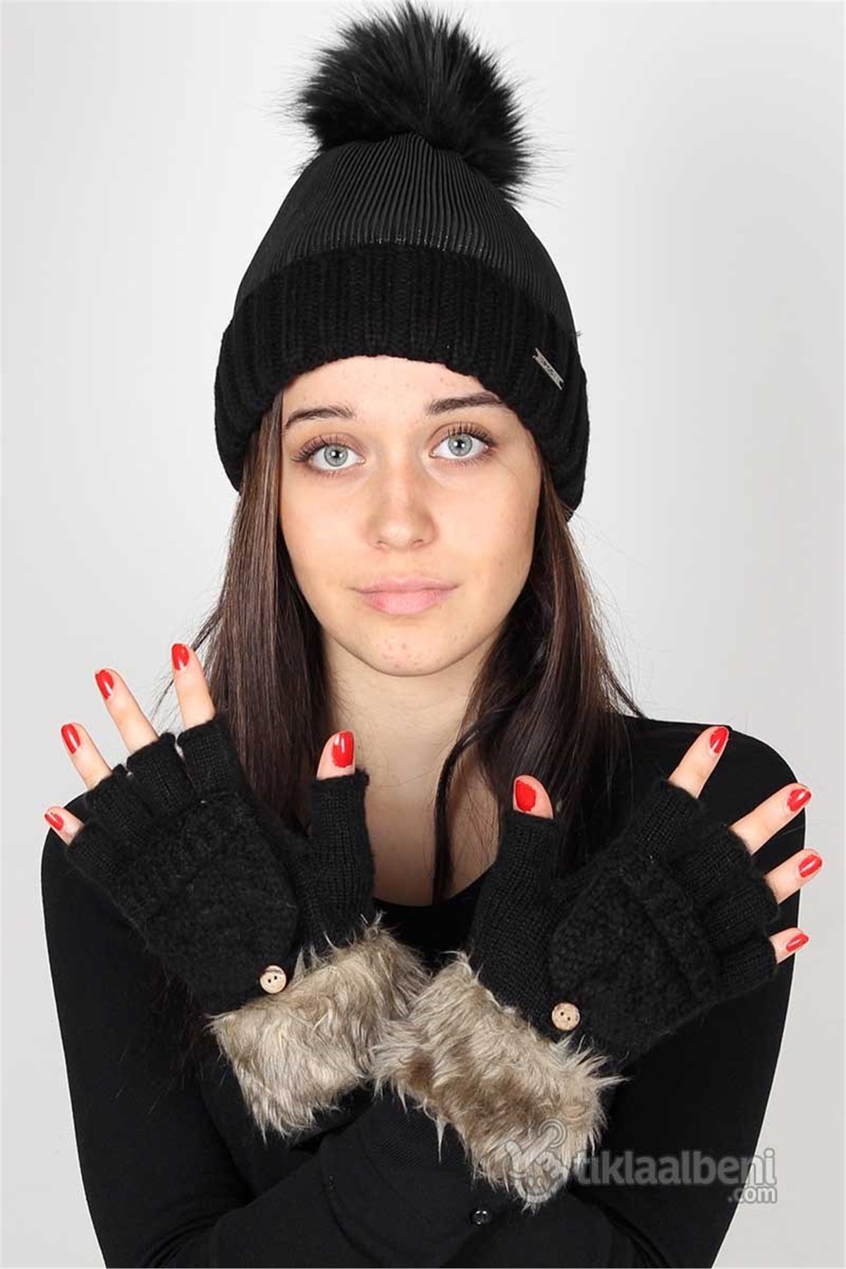 Kürklü Yarım Parmaklı Eldiven - Siyah 