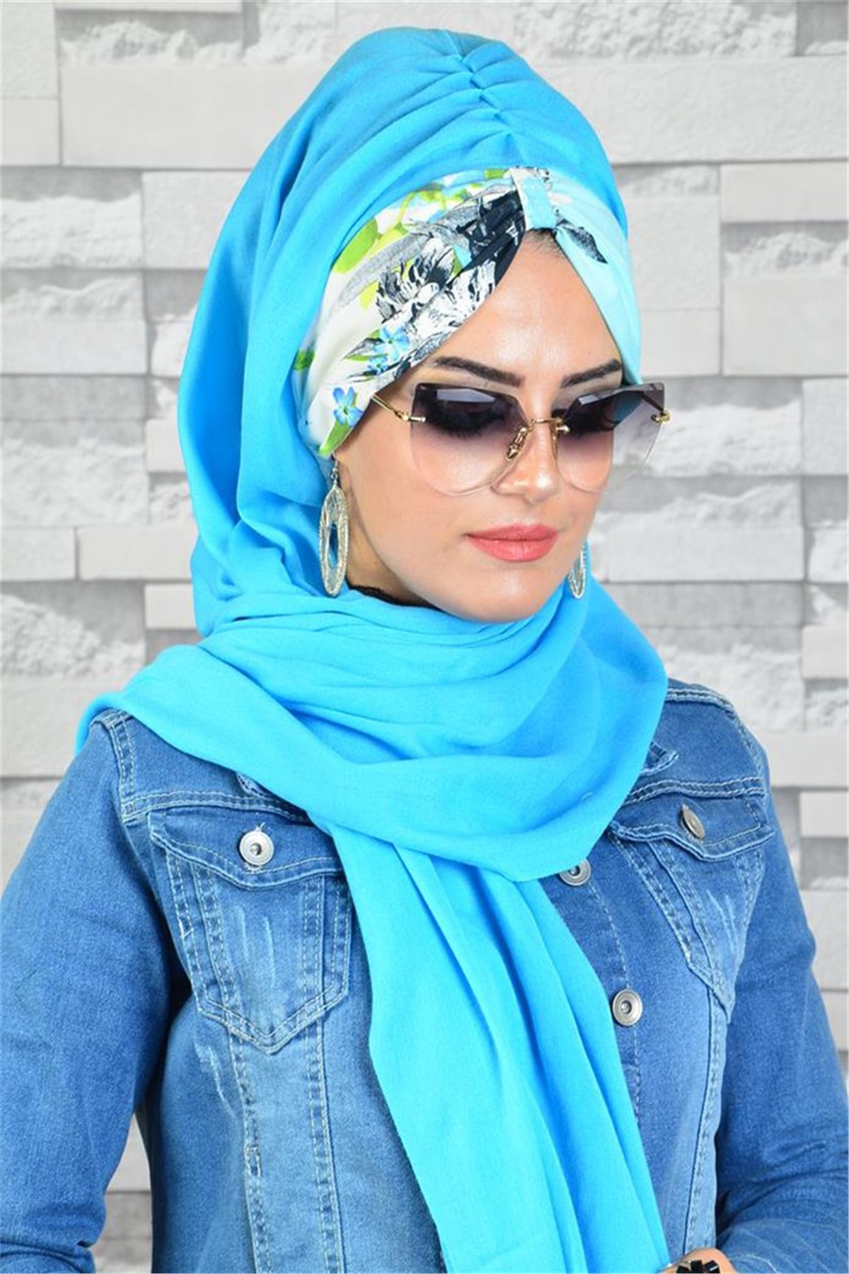 Lacivert Desenli Mint Bandana Hazır Şal bnd170