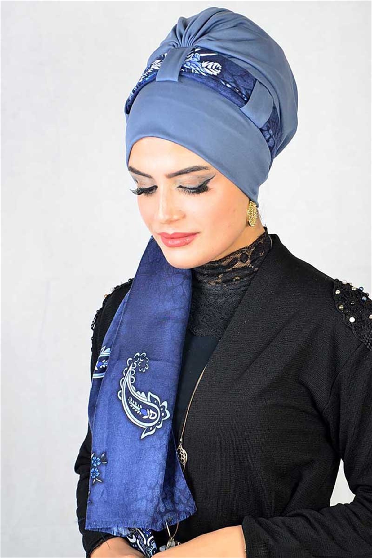 Lacivert İndigo Desenli Bone Şal t13936