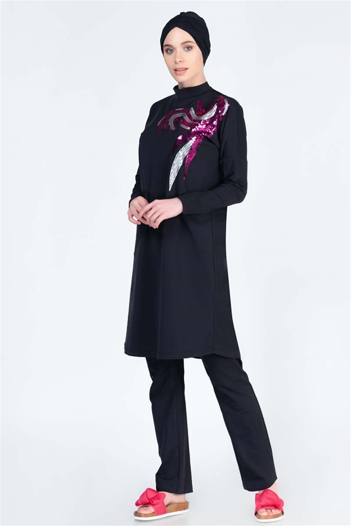 Likralı Tasarım Tam Tesettür Mayo ALS4041 Siyah