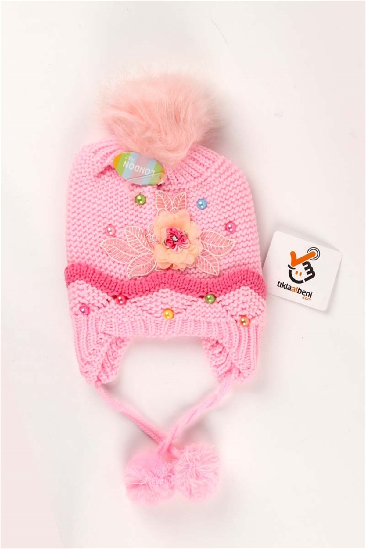 London Kız Çocuk Çiçek Yaprak Detaylı Kulaklı Şapka Bere