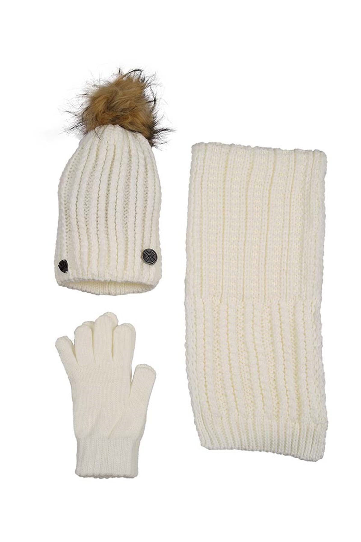 Marlin Ponponlu Kadın Atkı Bere Eldiven Takımı Beyaz - K89986