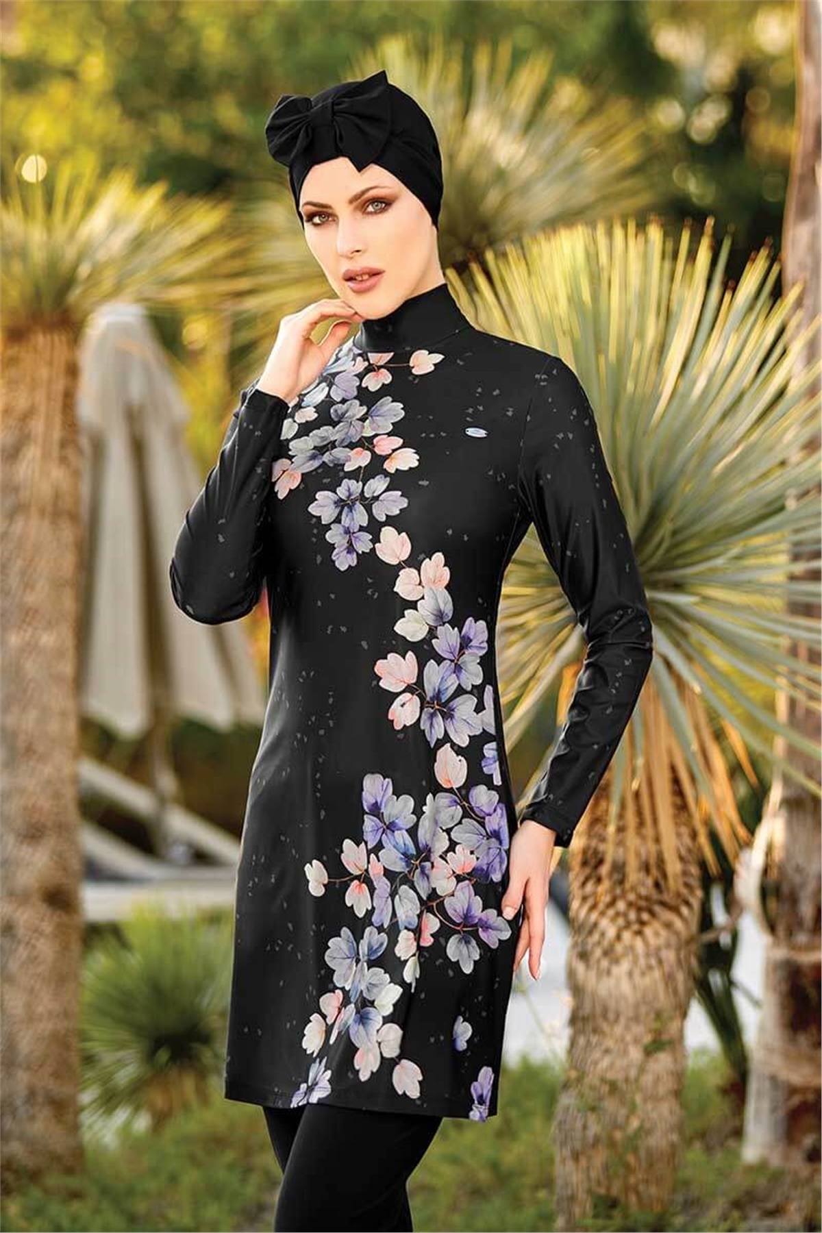 Modern Çiçek Tasarım Siyah Tesettür Mayo Adasea 14118