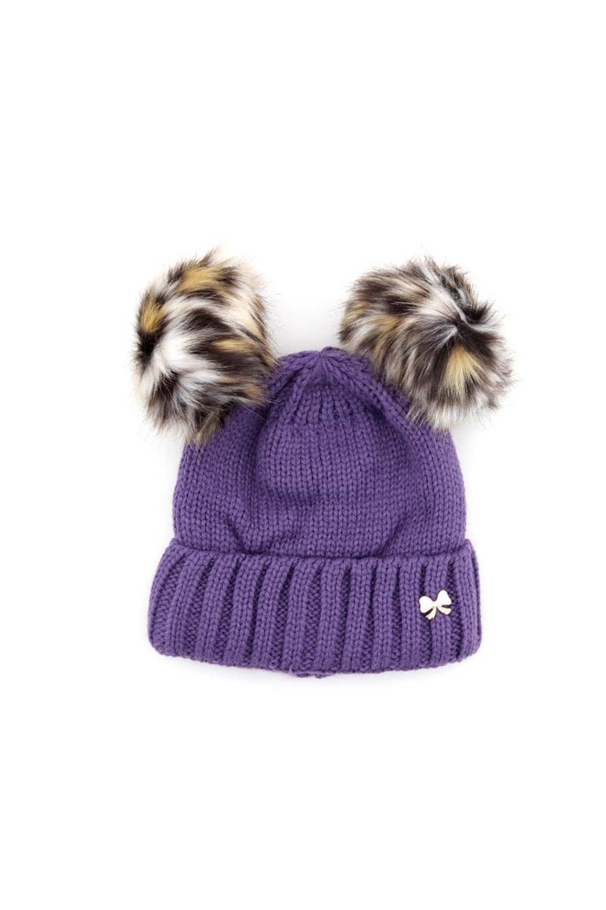 Mor Kız Çocuk Çift Ponponlu Bere 4-12 Yaş