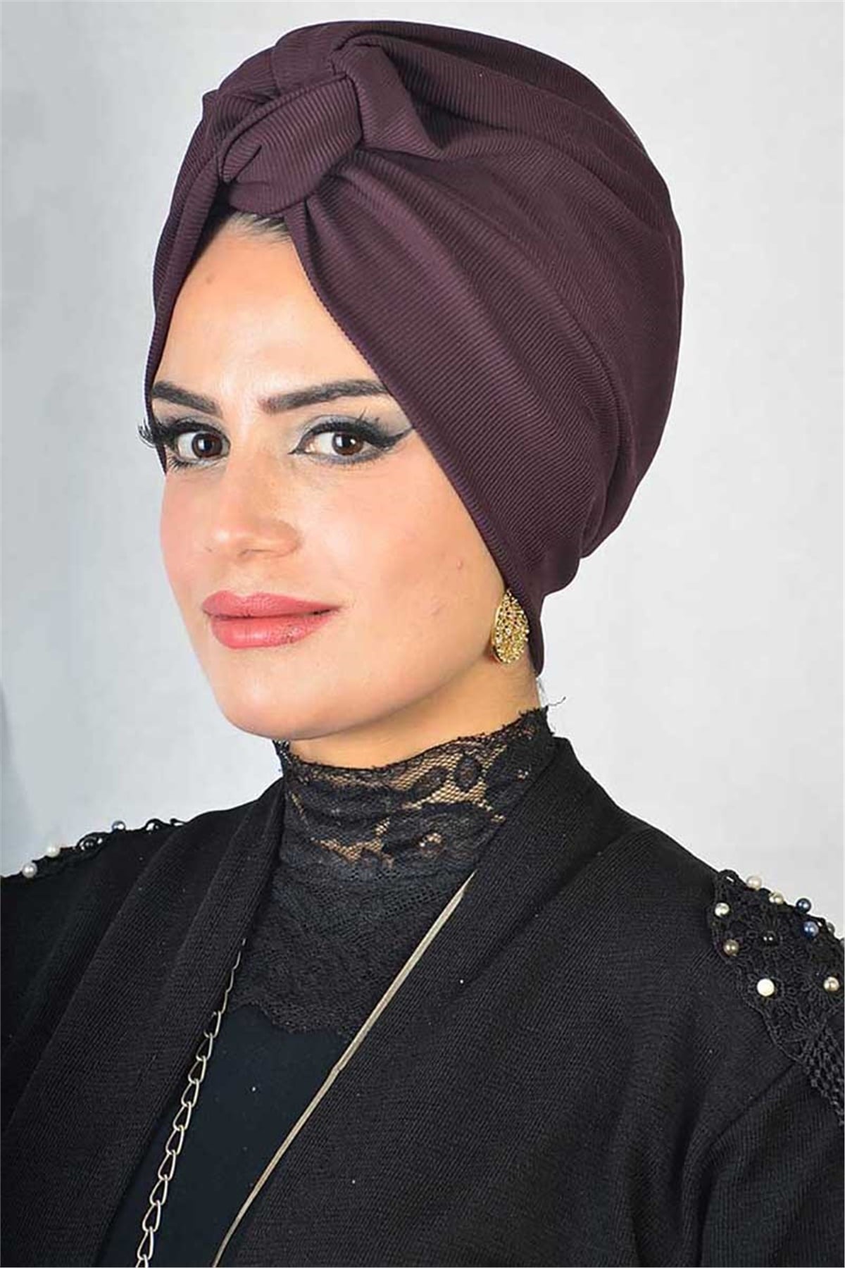 Mürdüm Burgulu Hazır Bone Şal t13929