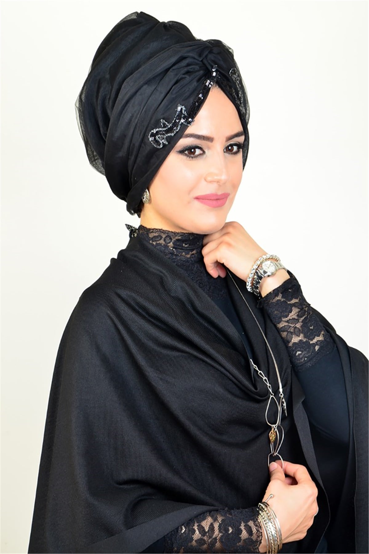 Nakışlı Tül Siyah Tesettür Abiye Bone hz003
