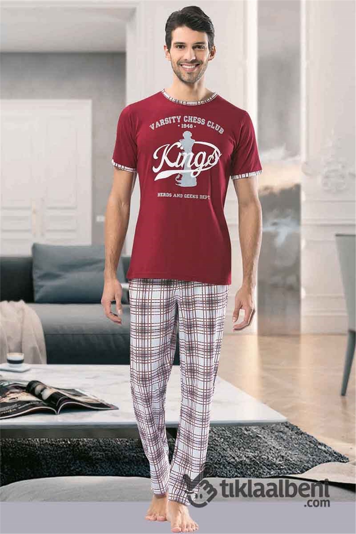 NBB 7853 Bisiklet Yaka Ekoseli Kısa Kollu Erkek Pijama