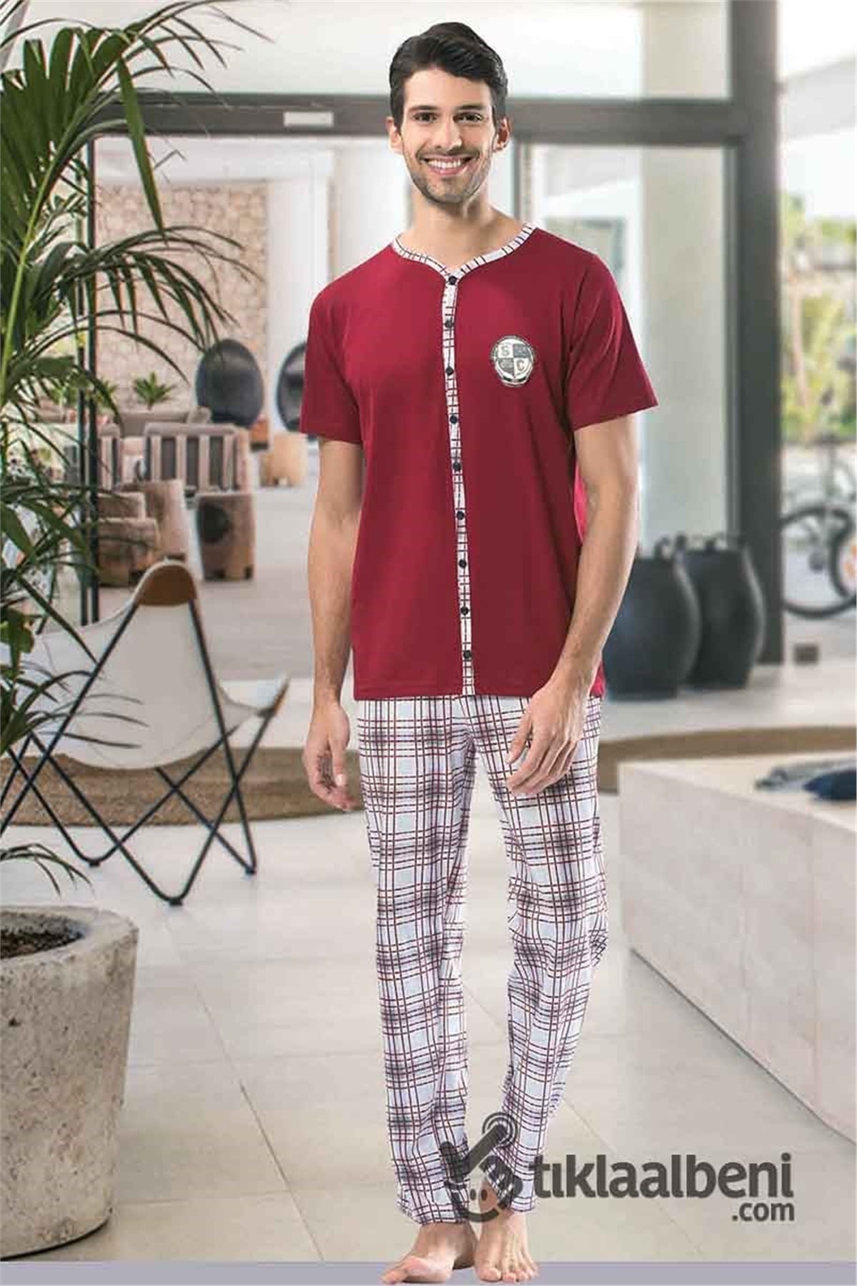 NBB 7854 Düğmeli Ekoseli Yaka Ekoseli Kısa Kollu Erkek Pijama