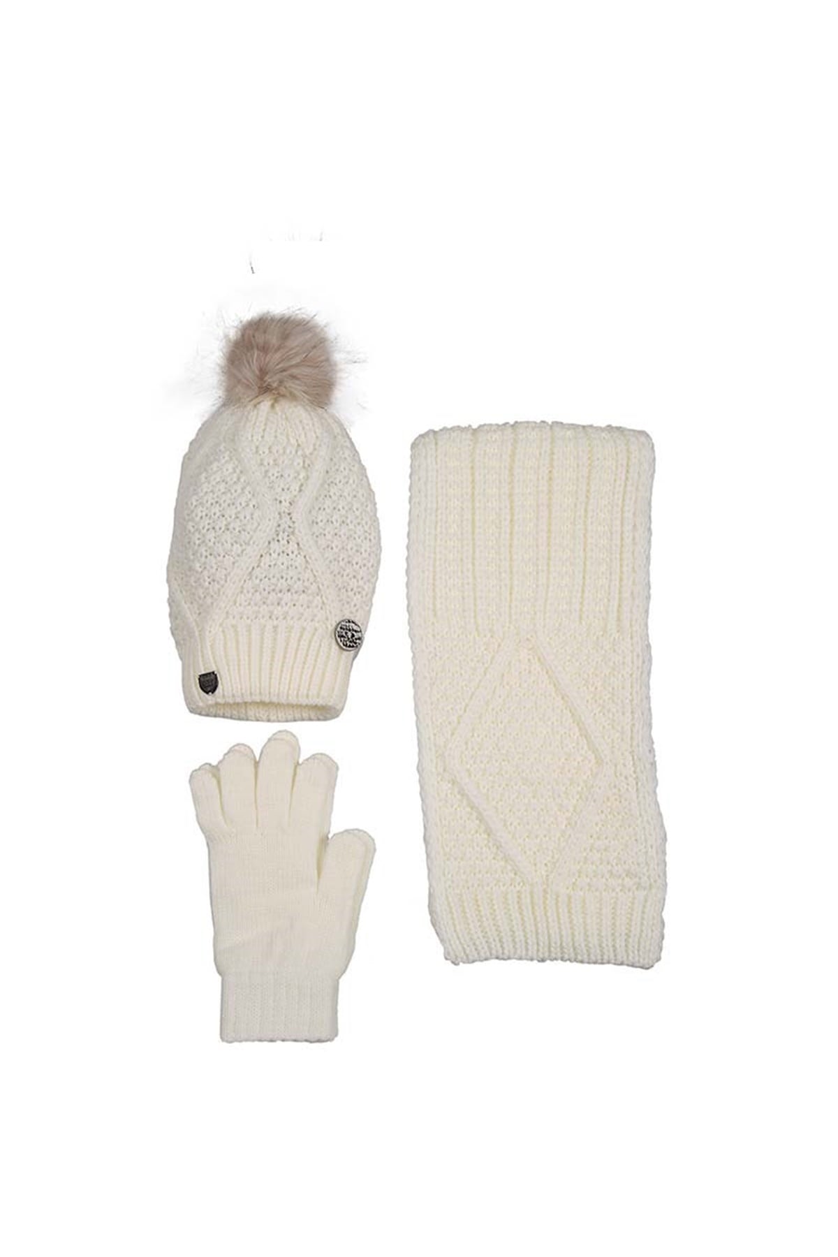 Nera Gri Ponponlu Kadın Atkı Bere Eldiven Takımı - K89988