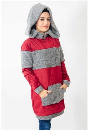 Önden Cepli Bordo Füme Kalın Sweatshirt