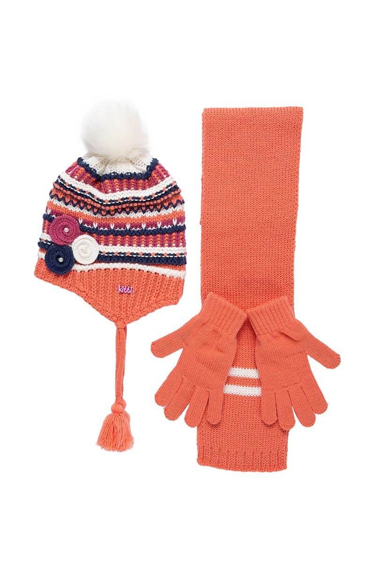 Örgü Model Kız Çocuk Atkı Bere Eldiven Takımı Turuncu  - K9943