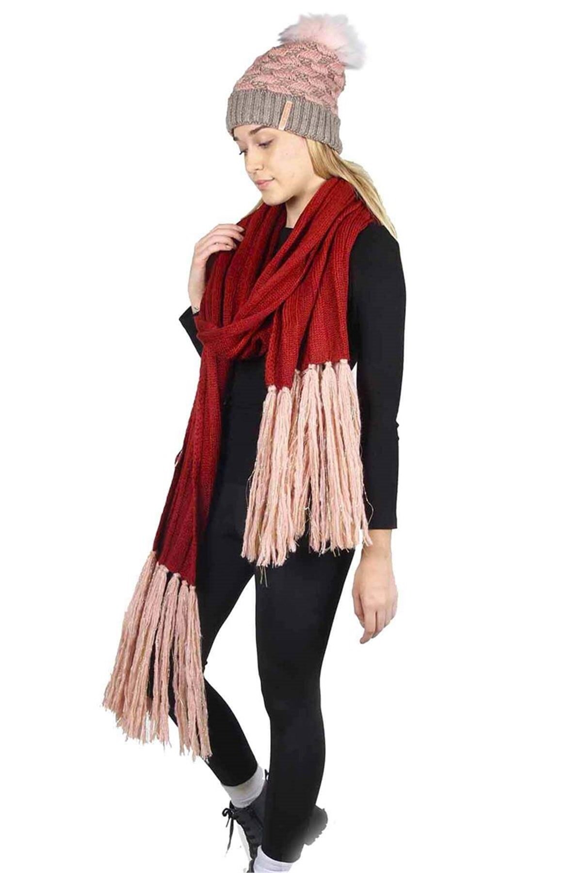 Özel Kırmızı Kombin Amsterdam Kadın Atkı Bere İkili Set 14607