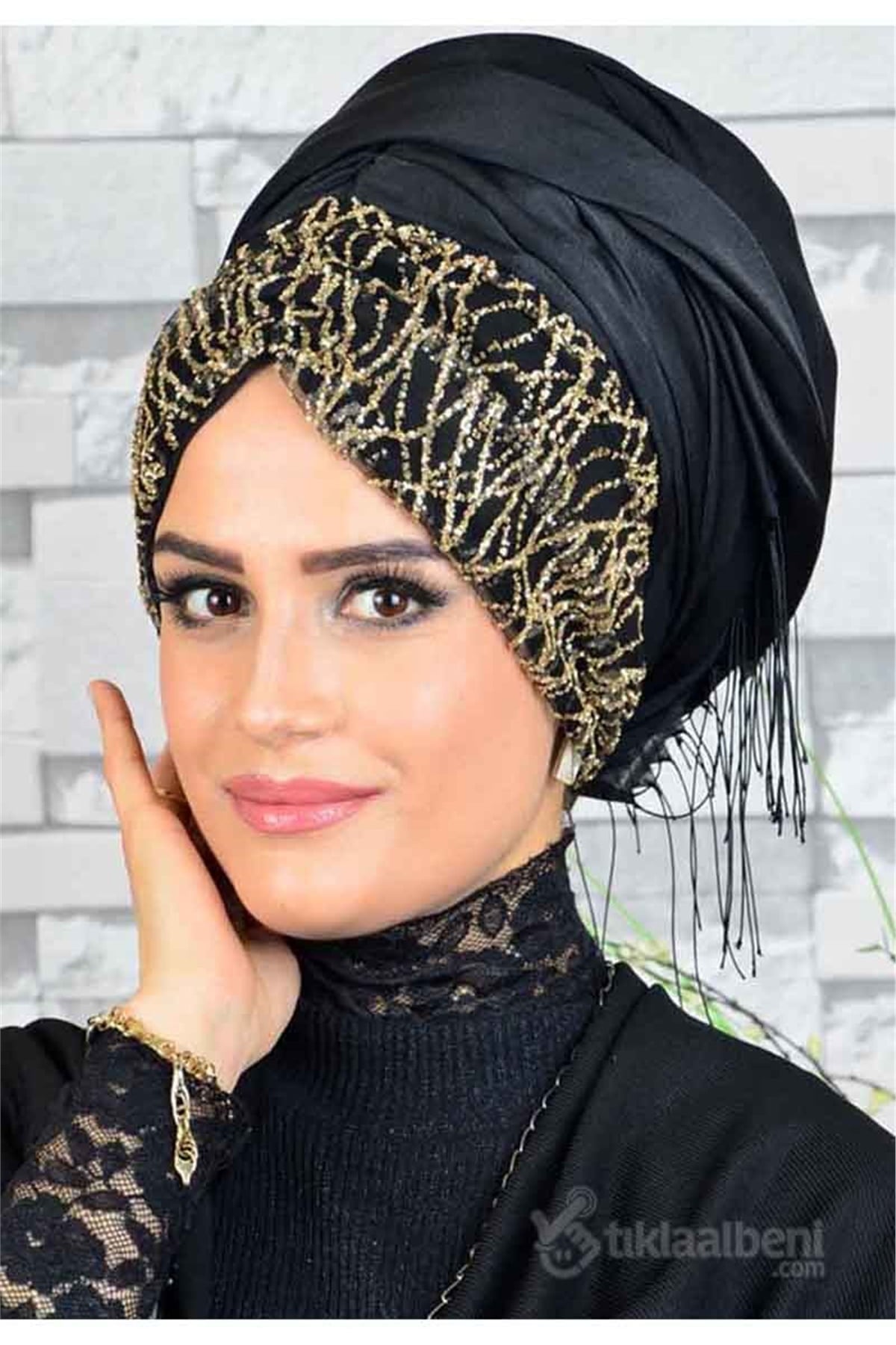 Payetli Gold Siyah Pratik Şal BND6056
