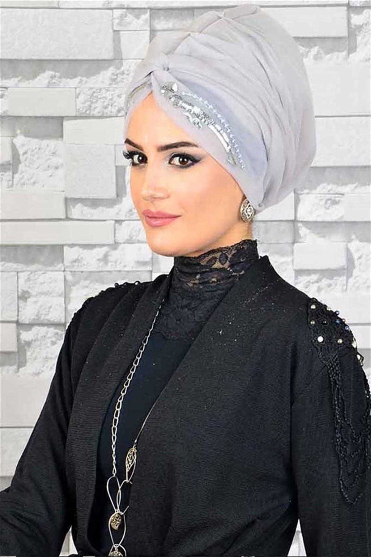 Payetli Gümüş Hayal Tül Tesettür Abiye Şal hz020