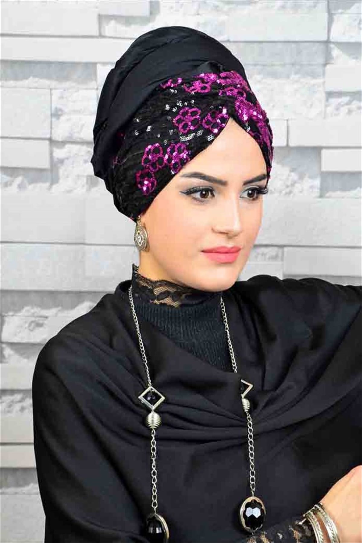 Payetli Siyah Vişne Bandana Şal BND6019