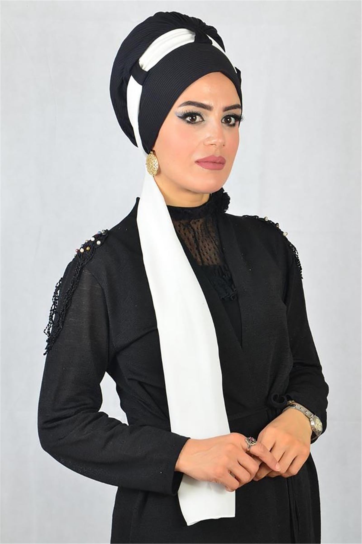 Pilseli Fularlı Tesettür Bone tb12032