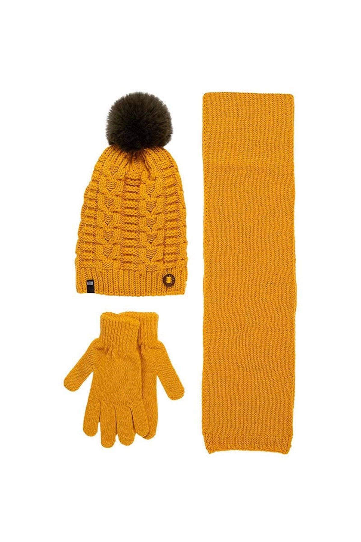 Ponponlu Kız Çocuk Atkı Bere Eldiven Takımı Hardal - K9964