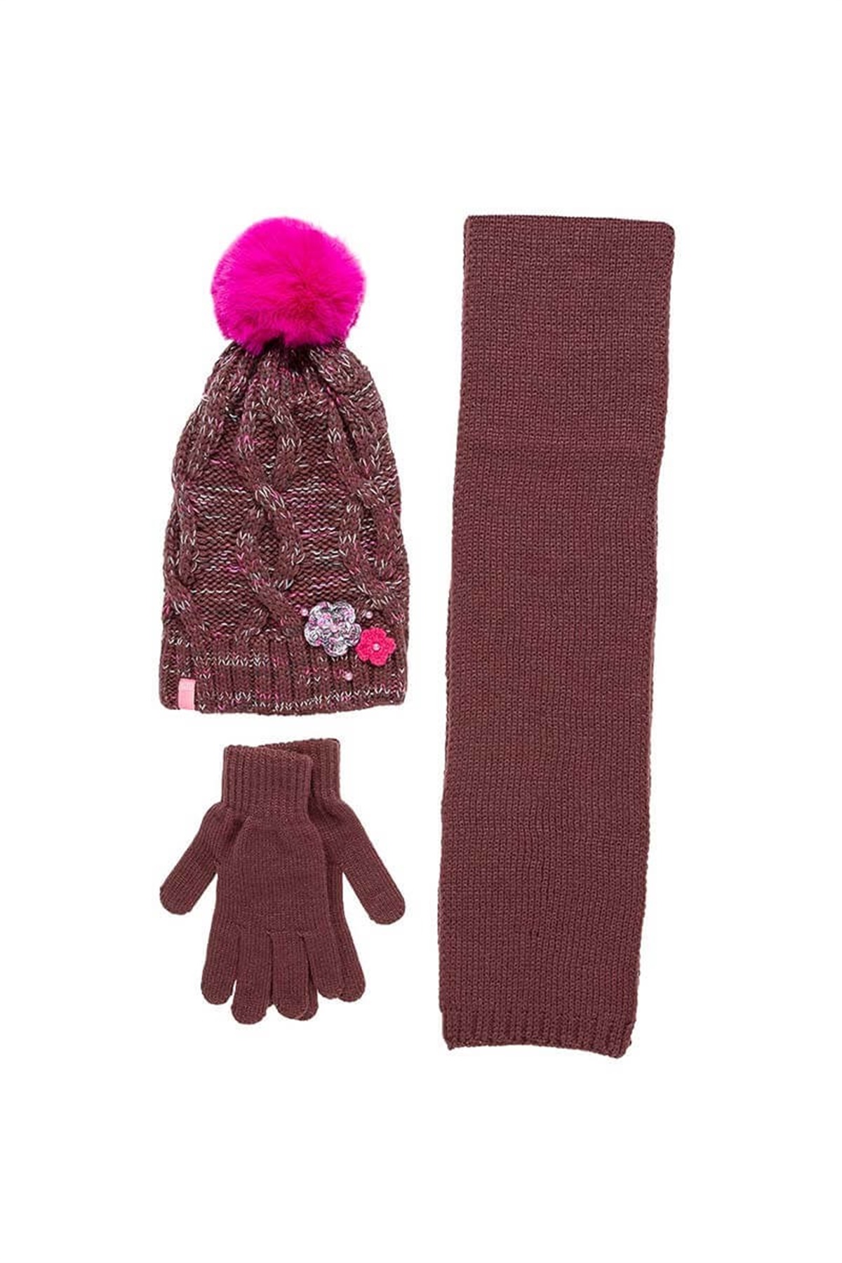 Ponponlu Kız Çocuk Atkı Bere Eldiven Takımı Mor - K9960