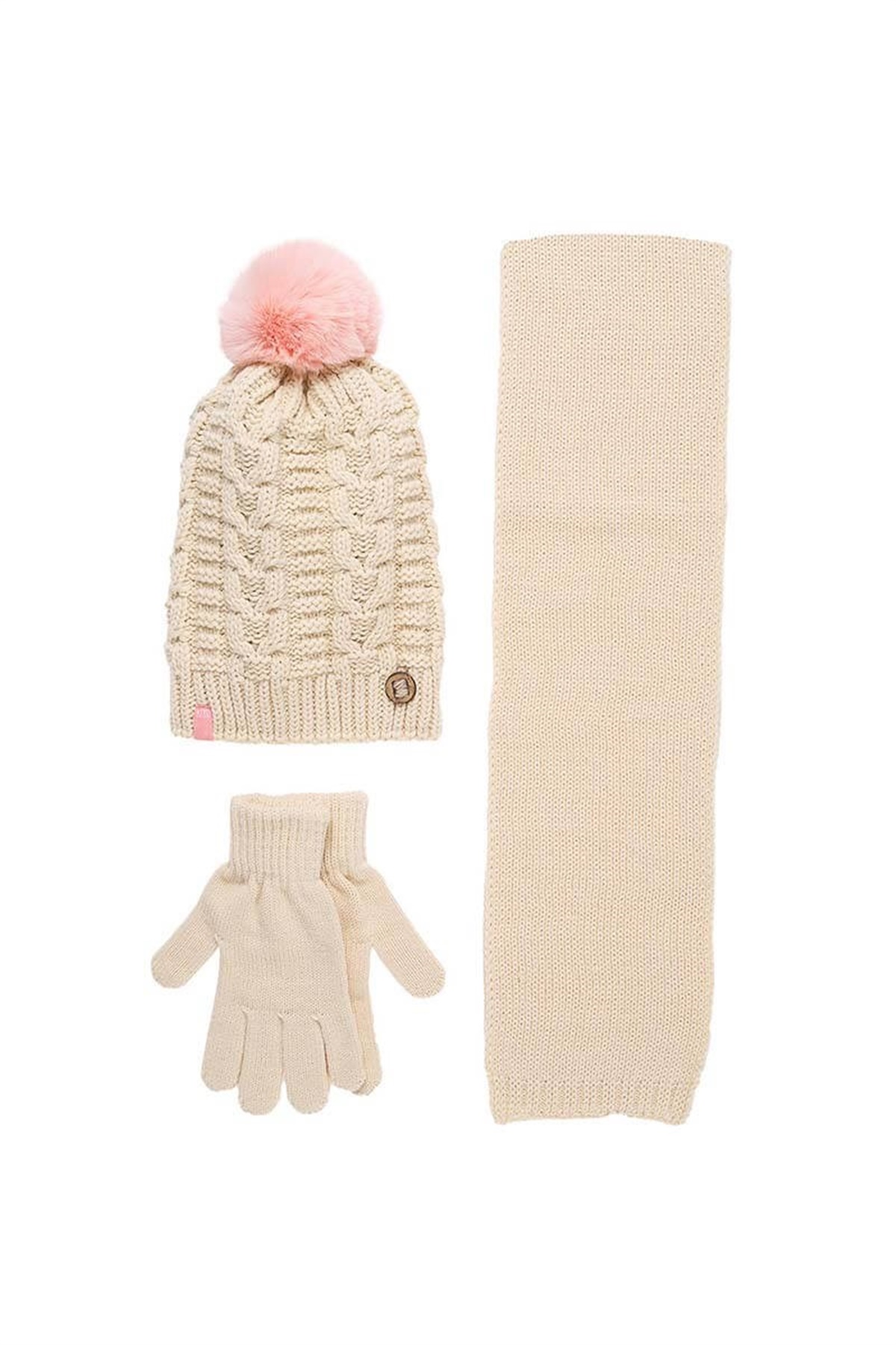 Ponponlu Kız Çocuk Atkı Bere Eldiven Takımı Bej - K9964