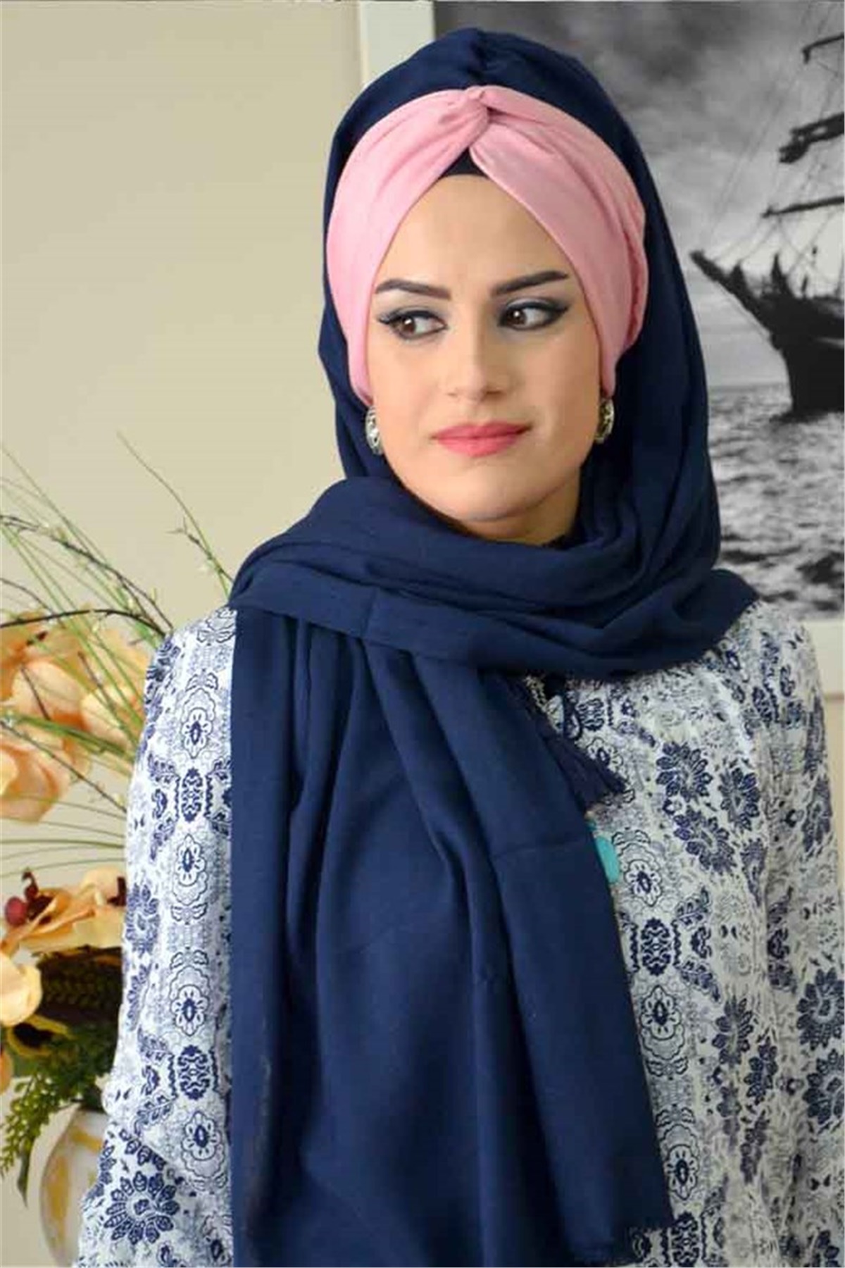 Pudra Lacivert Burgu Bone Hazır Şal bnd3018