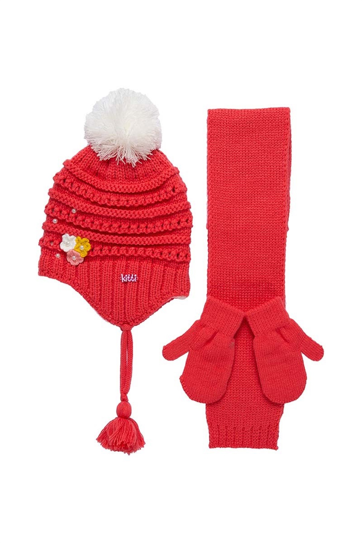 Rheda 1-4 Yaş Kırmızı Kız Çocuk Atkı Bere Eldiven Takımı K9922